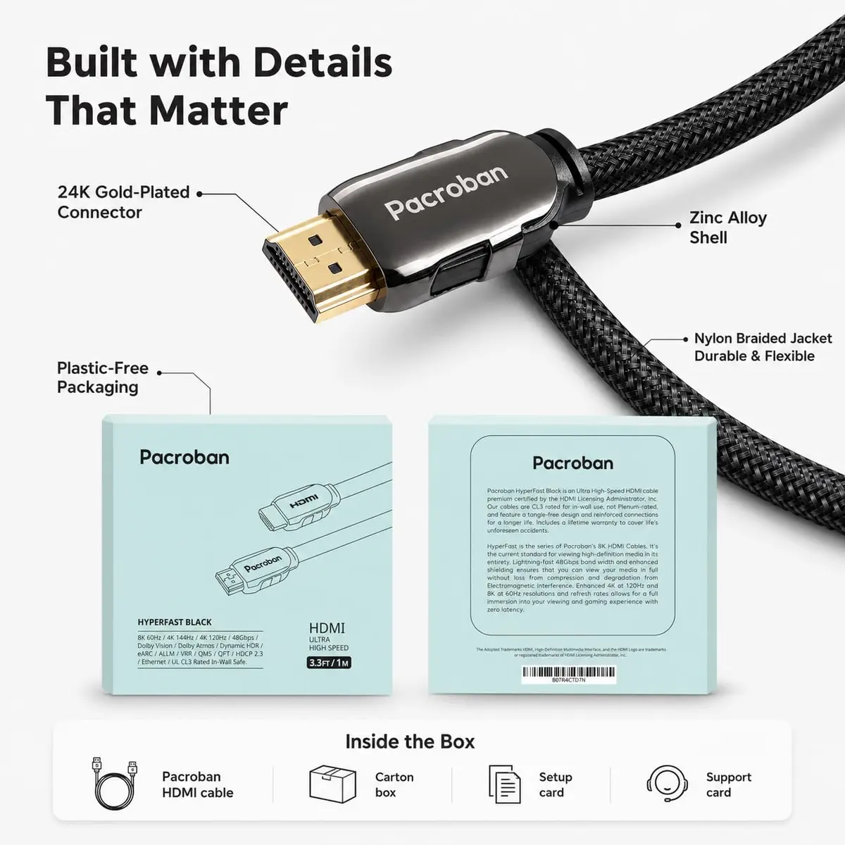 Pacroban 8K Certified HDMI 2.1 Braided Cable 3ft Supports 48Gbps 8K 5K 4K 120Hz HDR Dolby Atmos eARC - view 6