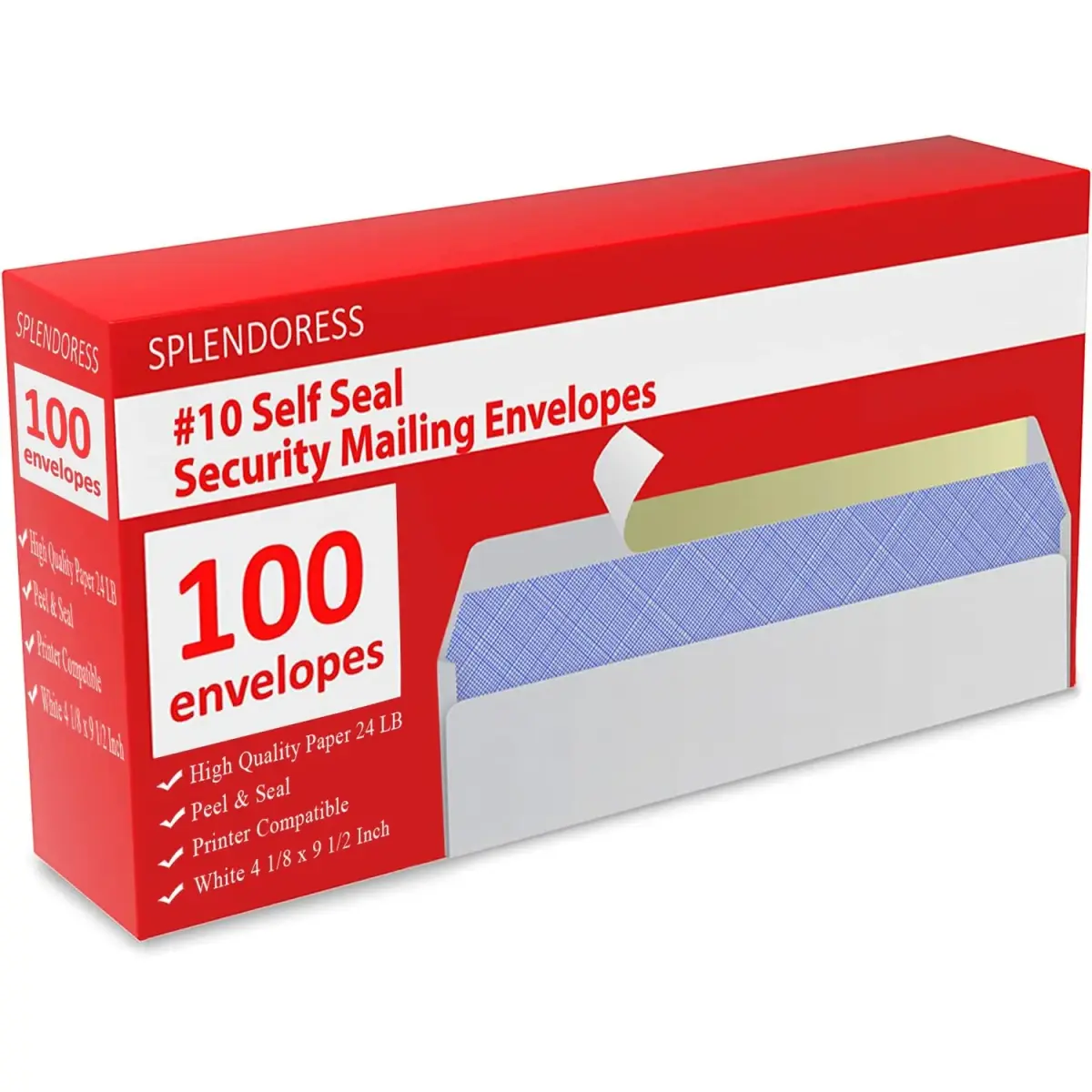 Splendoress Self Seal Envelopes #10 Size (4-1/8 x 9-1/2 Inches) | 100 Pack Business Mailing Security Peel and Seal - main product image