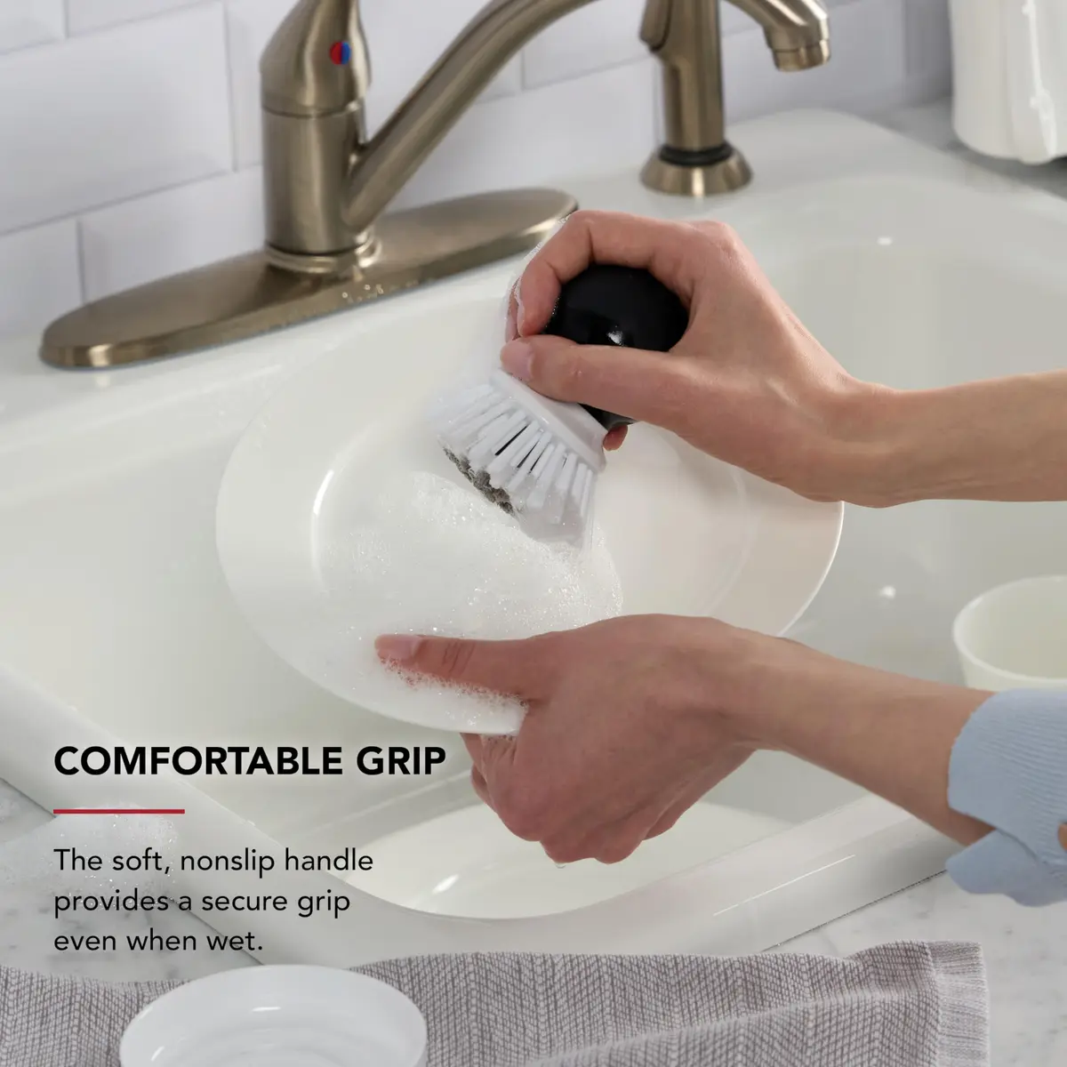 KitchenAid Palm Brush with Dish Tray | Durable Nylon Bristles for Tough Cleaning, Dishwasher Safe, 2 Piece, Black - view 5