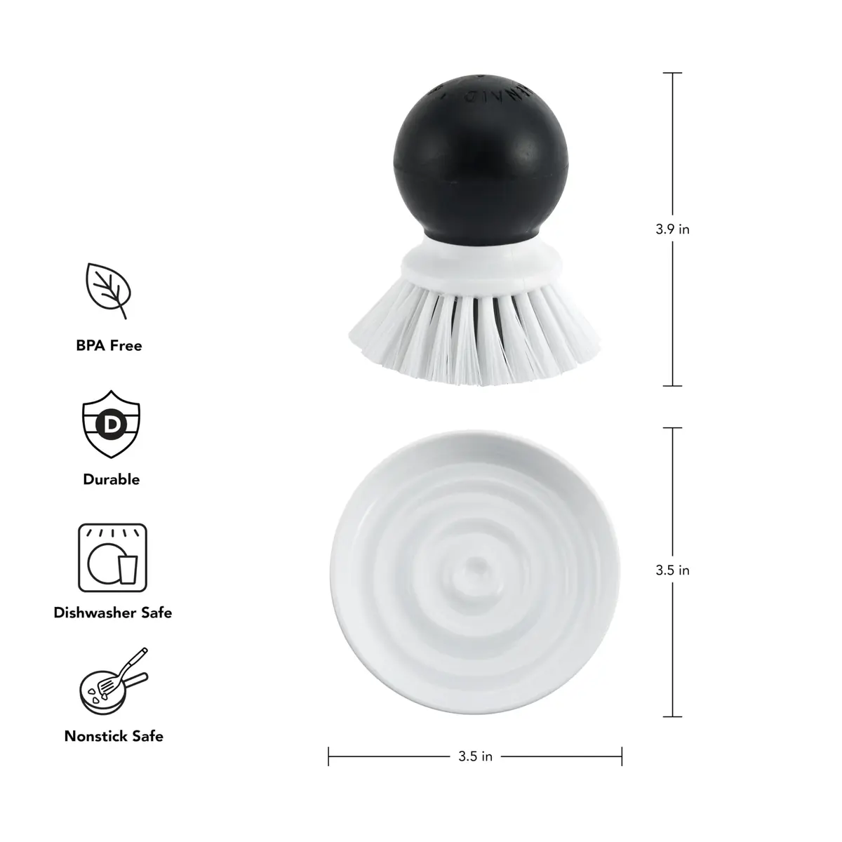KitchenAid Palm Brush with Dish Tray | Durable Nylon Bristles for Tough Cleaning, Dishwasher Safe, 2 Piece, Black - view 2