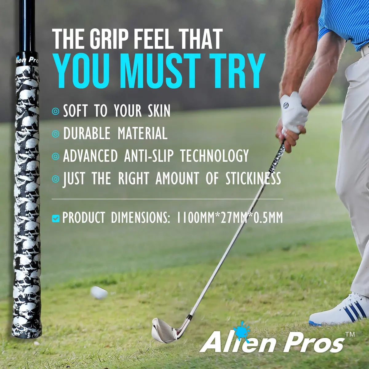 ALIEN PROS Skull Black Golf Grip Wrapping Tapes (3-Pack) 2.54 cm (1 inch) Wide | Re-grip in Under 1 Minute - view 4