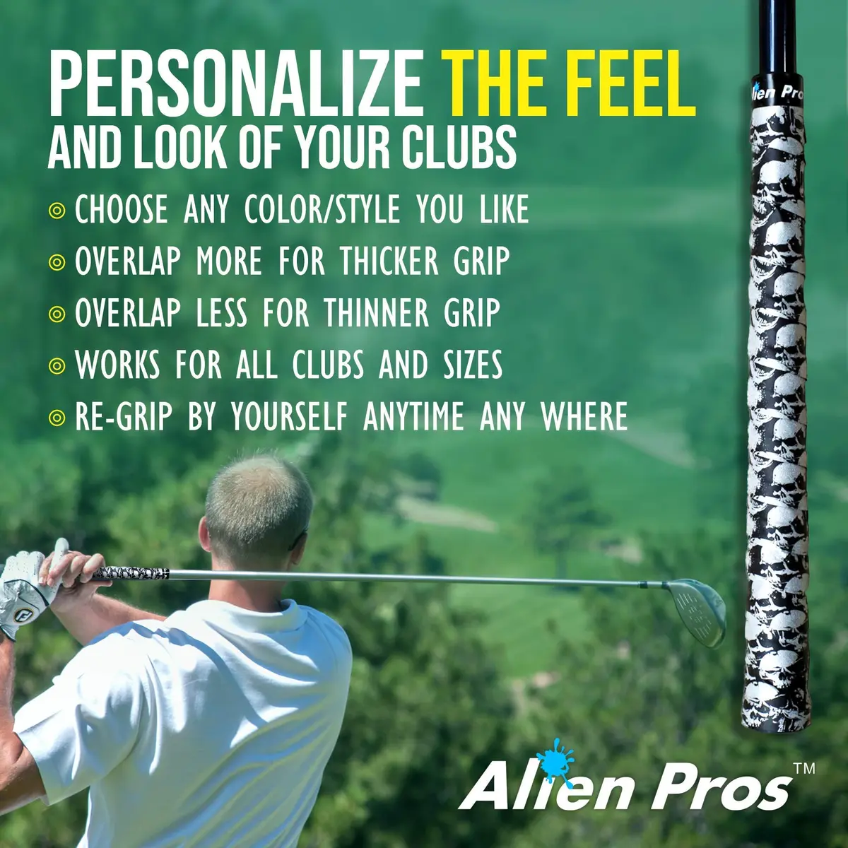 ALIEN PROS Skull Black Golf Grip Wrapping Tapes (3-Pack) 2.54 cm (1 inch) Wide | Re-grip in Under 1 Minute - view 5