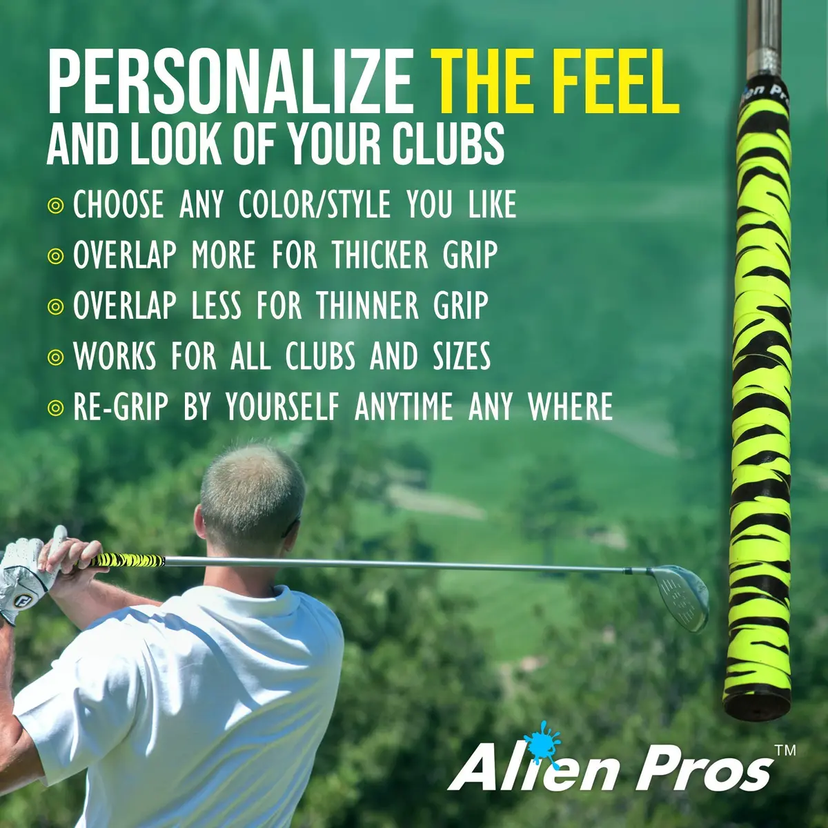 Alien Pros Golf Grip Wrapping Tapes (3-Pack) - Neon Yellow Tiger Pattern | 1 inch (2.54 cm) Wide, 43 inches (109.22 cm) Long - view 5