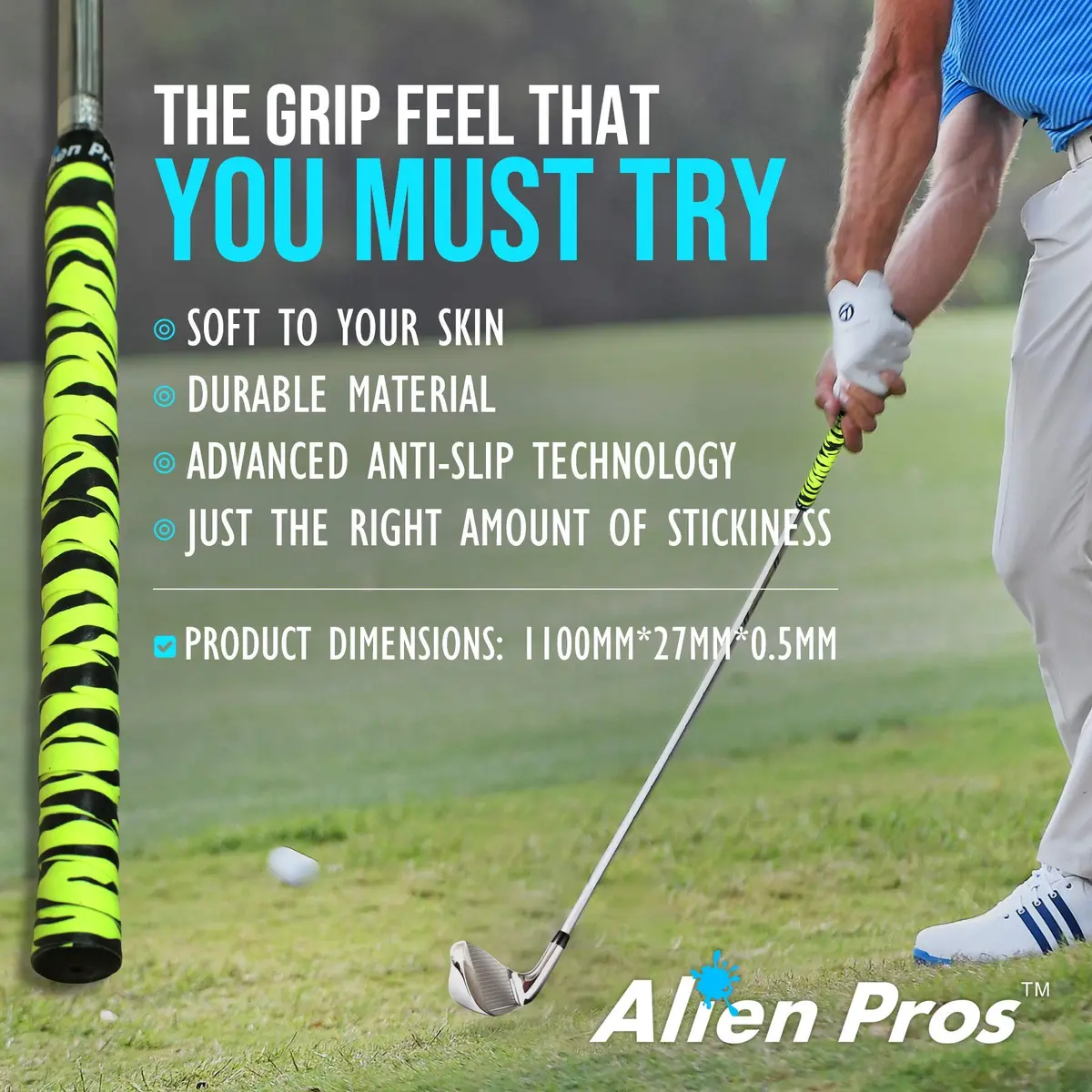 Alien Pros Golf Grip Wrapping Tapes (3-Pack) - Neon Yellow Tiger Pattern | 1 inch (2.54 cm) Wide, 43 inches (109.22 cm) Long - view 4