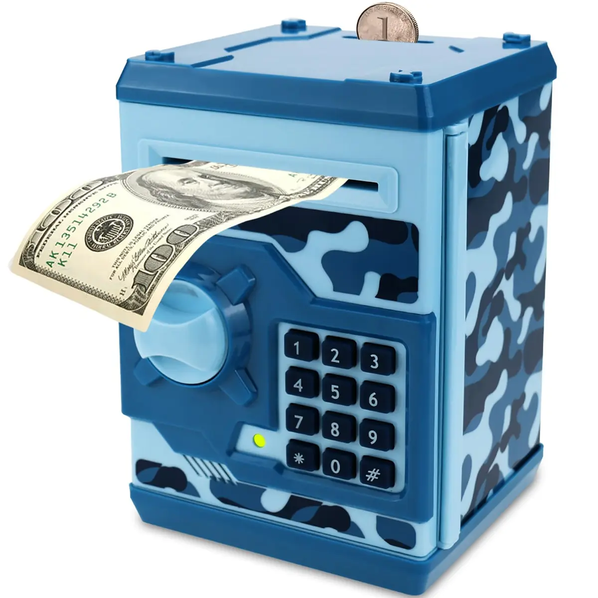 Qwifyu Money Bank for Kids 4-10 Years | Electronic Password Safe ATM Toy (Camouflage Blue) - main product image