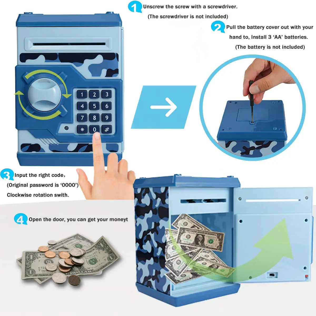 Qwifyu Money Bank for Kids 4-10 Years | Electronic Password Safe ATM Toy (Camouflage Blue) - view 8