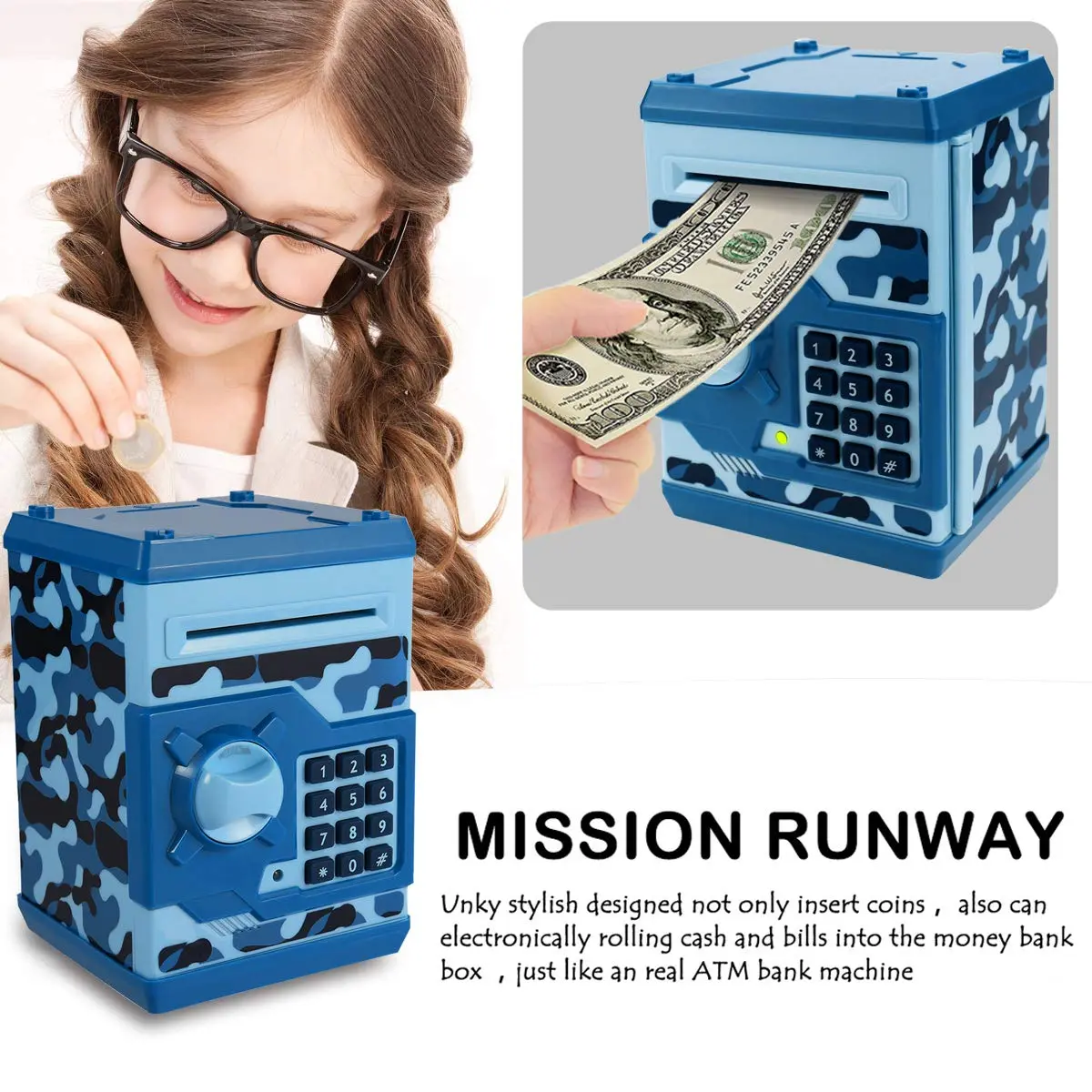 Qwifyu Money Bank for Kids 4-10 Years | Electronic Password Safe ATM Toy (Camouflage Blue) - view 3