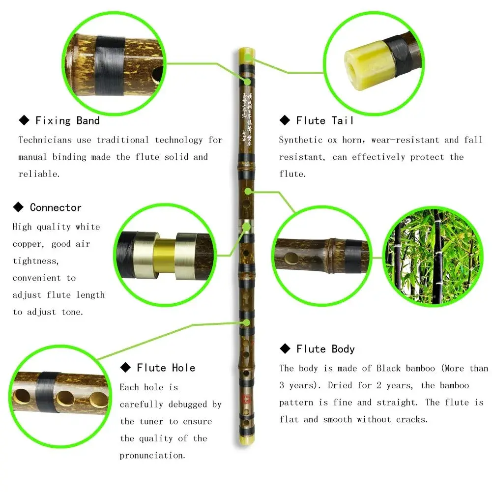PHYSKOW Black Bamboo Dizi Flute in E Key - Authentic Chinese Traditional Instrument - view 2