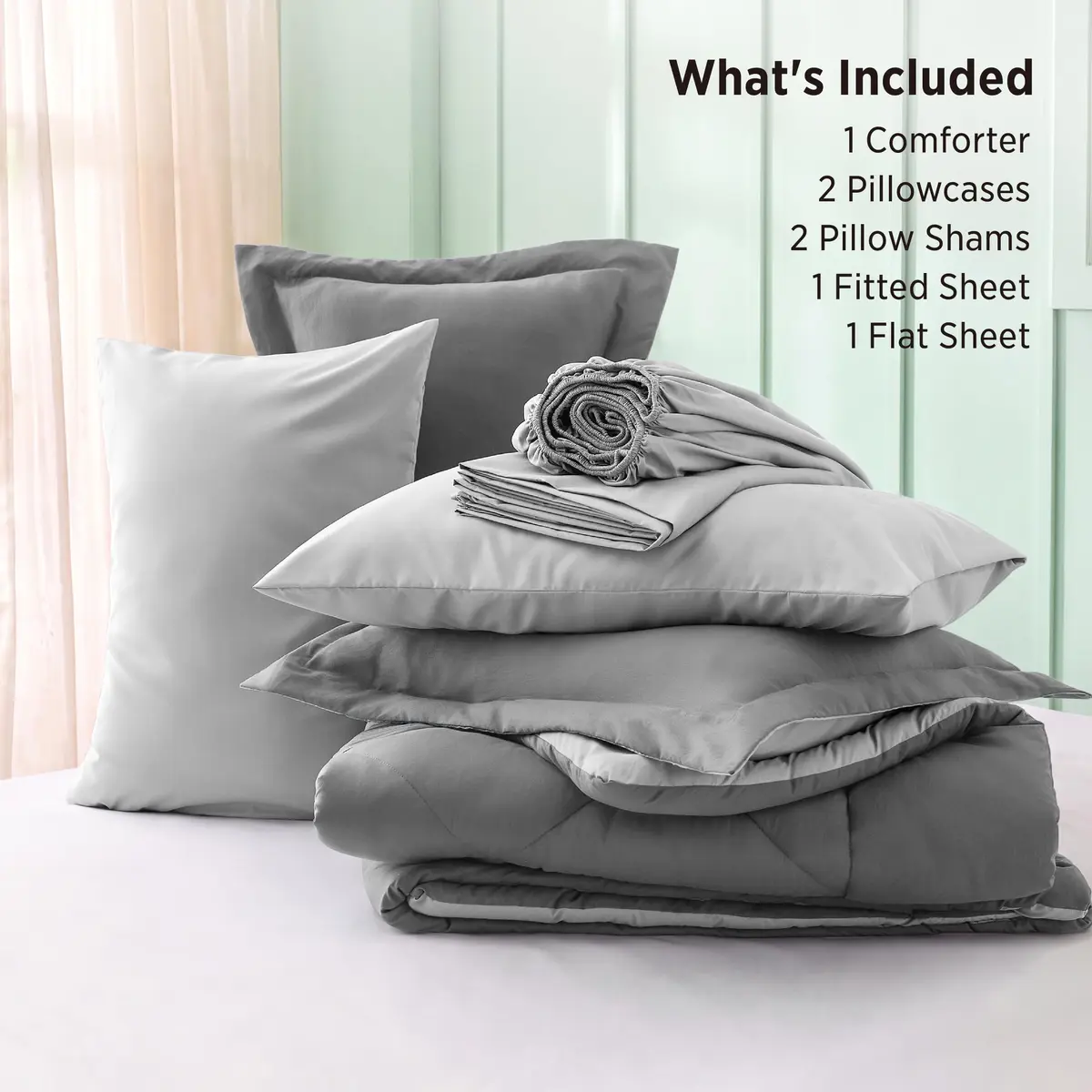 Bedsure Bed in a Bag King Reversible Comforter Set 7 Pieces | All-Season Microfiber Bedding in Grey/Light Grey - view 6