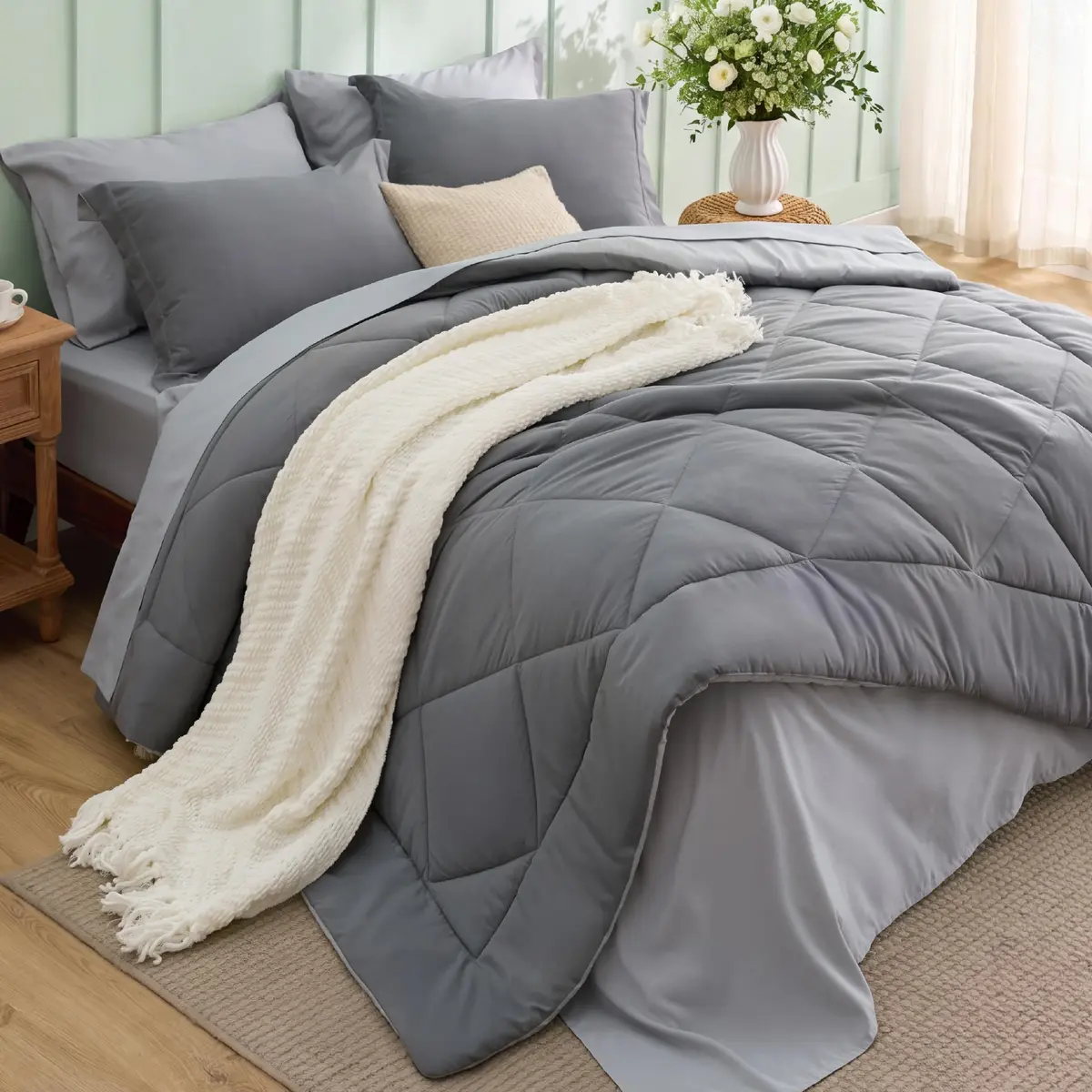 Bedsure Bed in a Bag King Reversible Comforter Set 7 Pieces | All-Season Microfiber Bedding in Grey/Light Grey - main product image