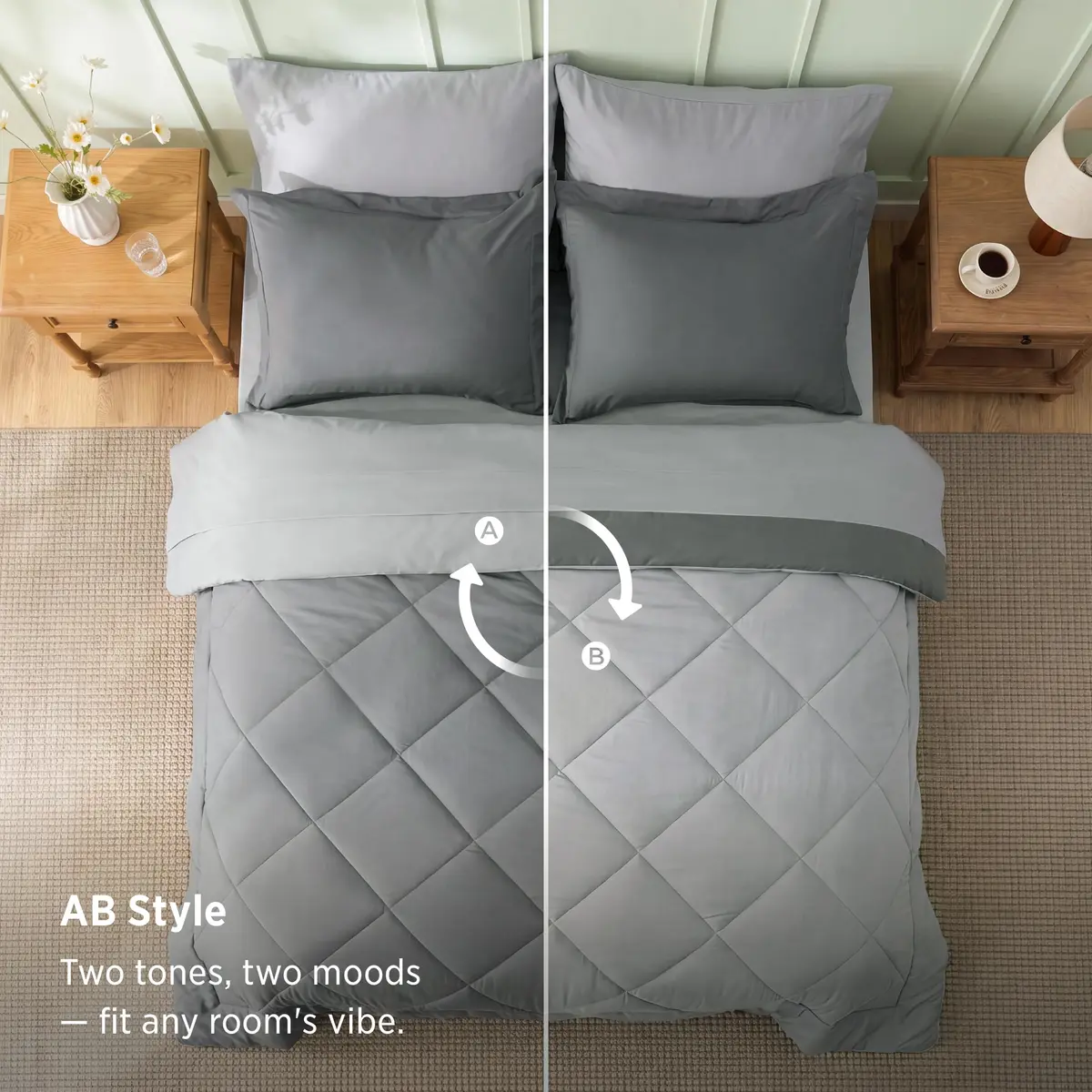 Bedsure Bed in a Bag King Reversible Comforter Set 7 Pieces | All-Season Microfiber Bedding in Grey/Light Grey - view 3
