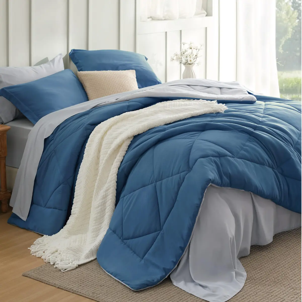 Bedsure Twin Comforter Set Reversible Bed Set 5 Pcs Slate Blue/Light Grey | All-Season Microfiber Bedding - main product image