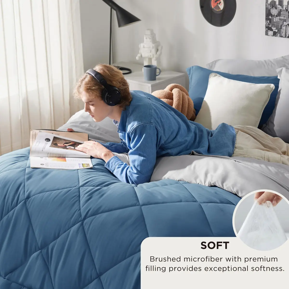 Bedsure Twin Comforter Set Reversible Bed Set 5 Pcs Slate Blue/Light Grey | All-Season Microfiber Bedding - view 2