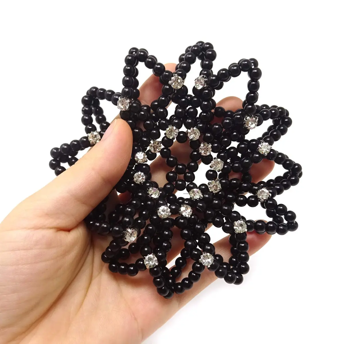 Honbay Hair Bun Cover Elastic Handmade Crochet Hair Net Snood with Pearls and Rhinestones for Ballet, Dance, Skating, etc (Black) | Elegant Hair Bun Accessory - view 5