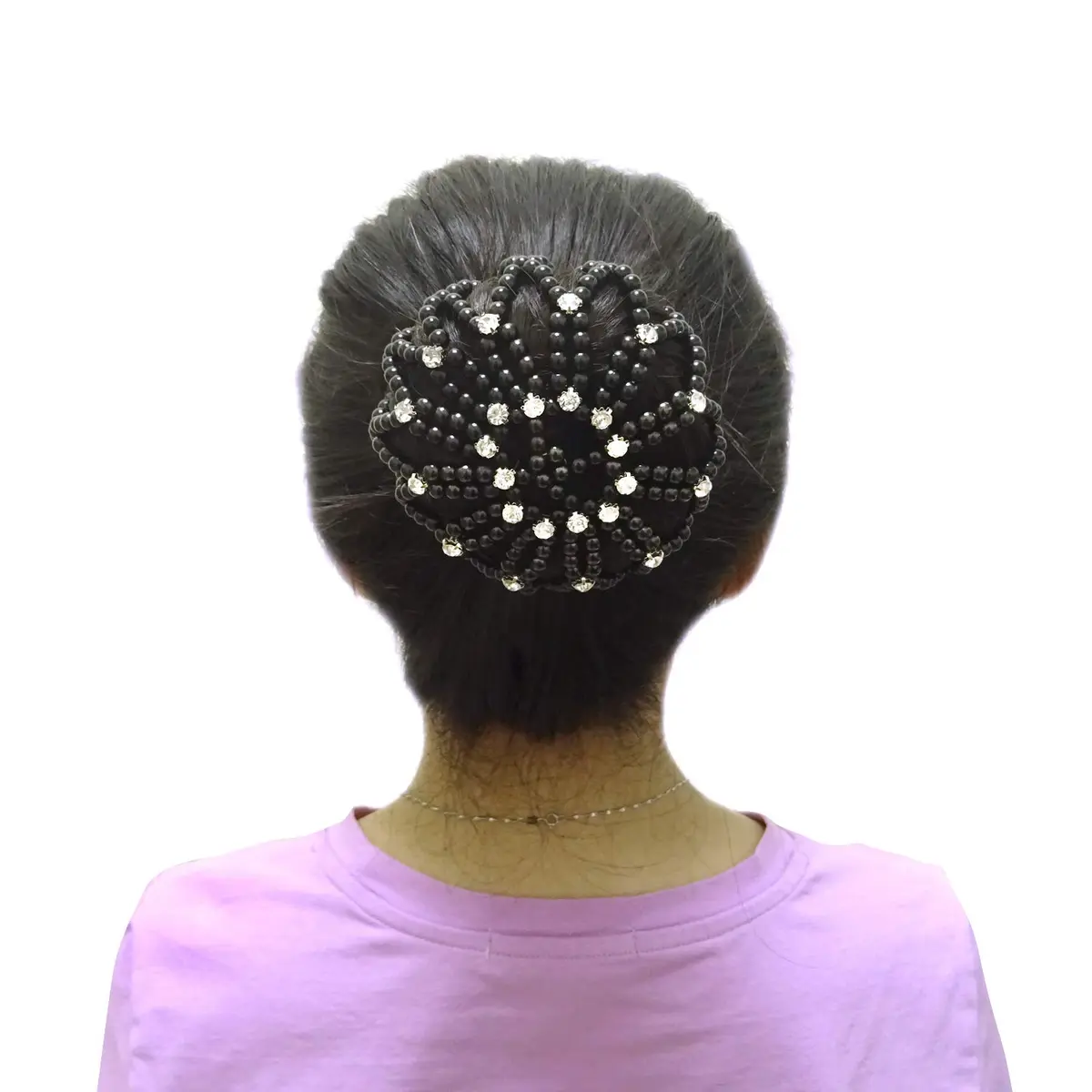 Honbay Hair Bun Cover Elastic Handmade Crochet Hair Net Snood with Pearls and Rhinestones for Ballet, Dance, Skating, etc (Black) | Elegant Hair Bun Accessory - view 2