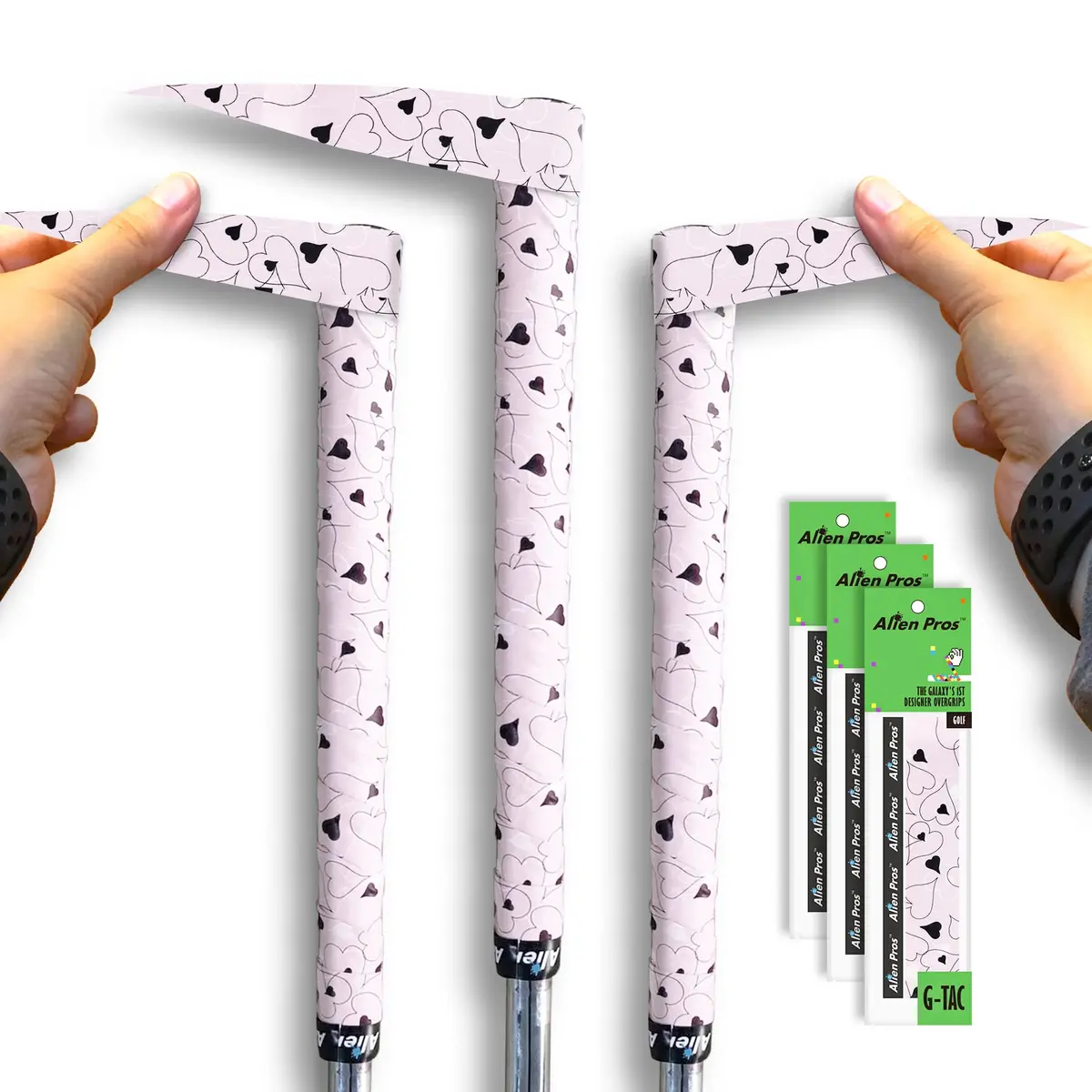Alien Pros Golf Grip Wrapping Tapes (3-Pack) - Pink Hearts Pattern | 1 inch (2.54 cm) Wide, 43 inches (109.22 cm) Long - main product image