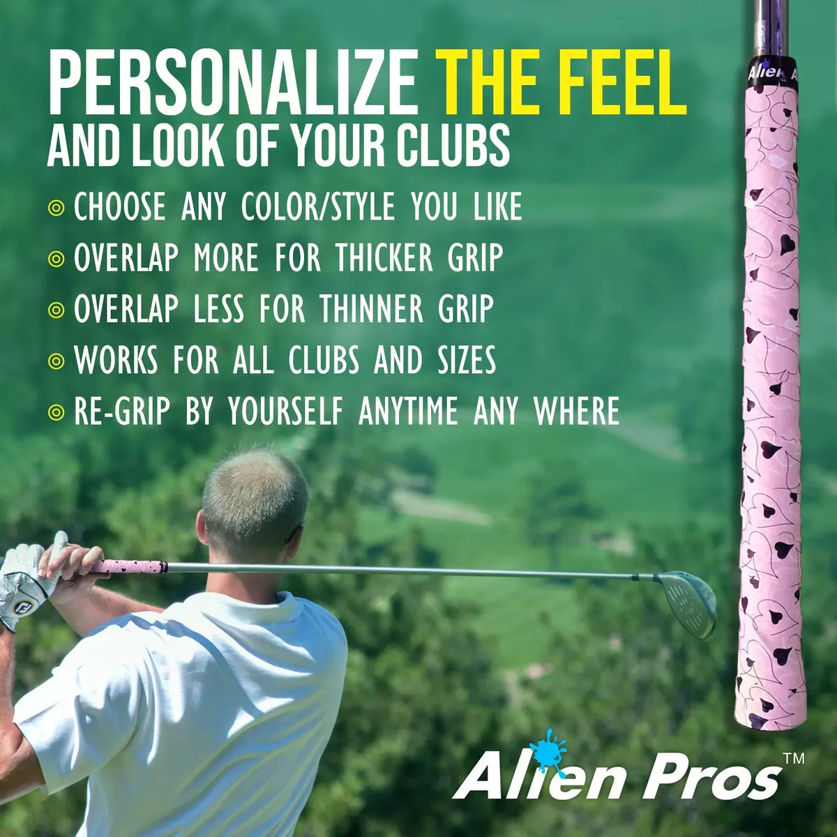 Alien Pros Golf Grip Wrapping Tapes (3-Pack) - Pink Hearts Pattern | 1 inch (2.54 cm) Wide, 43 inches (109.22 cm) Long - view 5