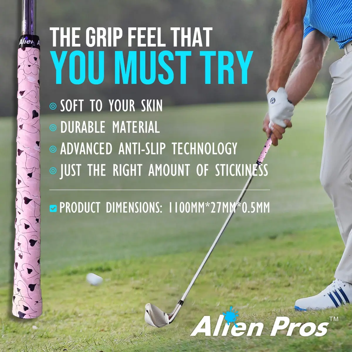 Alien Pros Golf Grip Wrapping Tapes (3-Pack) - Pink Hearts Pattern | 1 inch (2.54 cm) Wide, 43 inches (109.22 cm) Long - view 4
