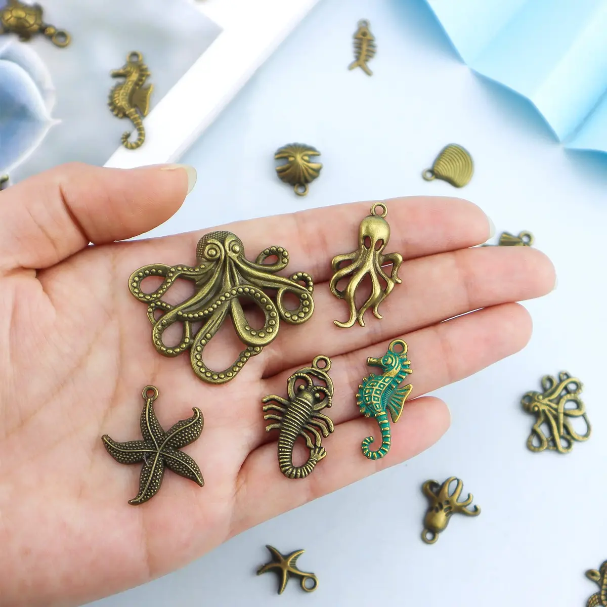 JIALEEY Assorted Ocean Themed Charms 100g | Antique Bronze Sea Creatures Jewelry Beads - view 3