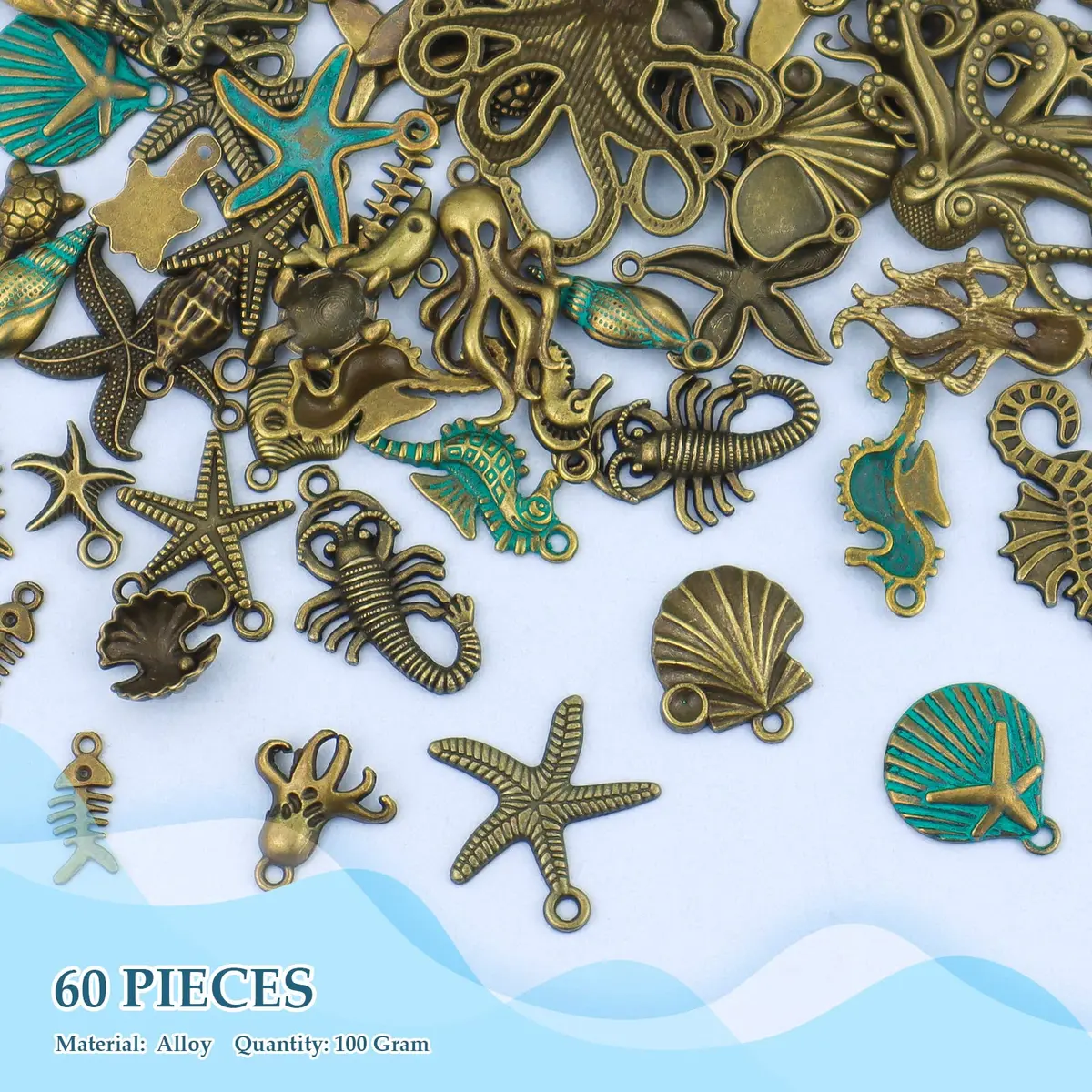JIALEEY Assorted Ocean Themed Charms 100g | Antique Bronze Sea Creatures Jewelry Beads - view 4