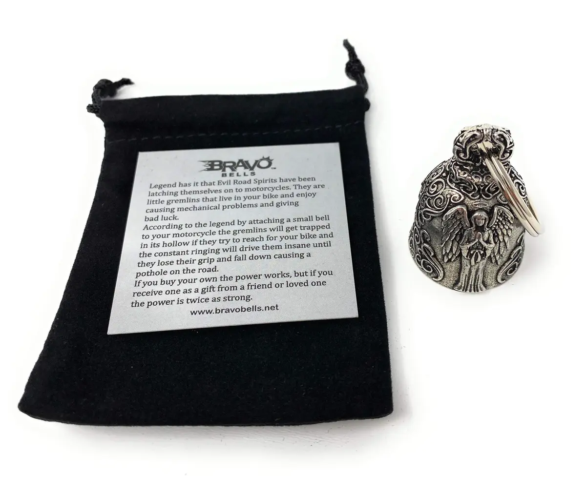 Bravo Bells Angel Motorcycle Biker Bell Accessory or Key Chain for Luck (Silver, Pewter) | Gremlin-Repelling Charm - view 4