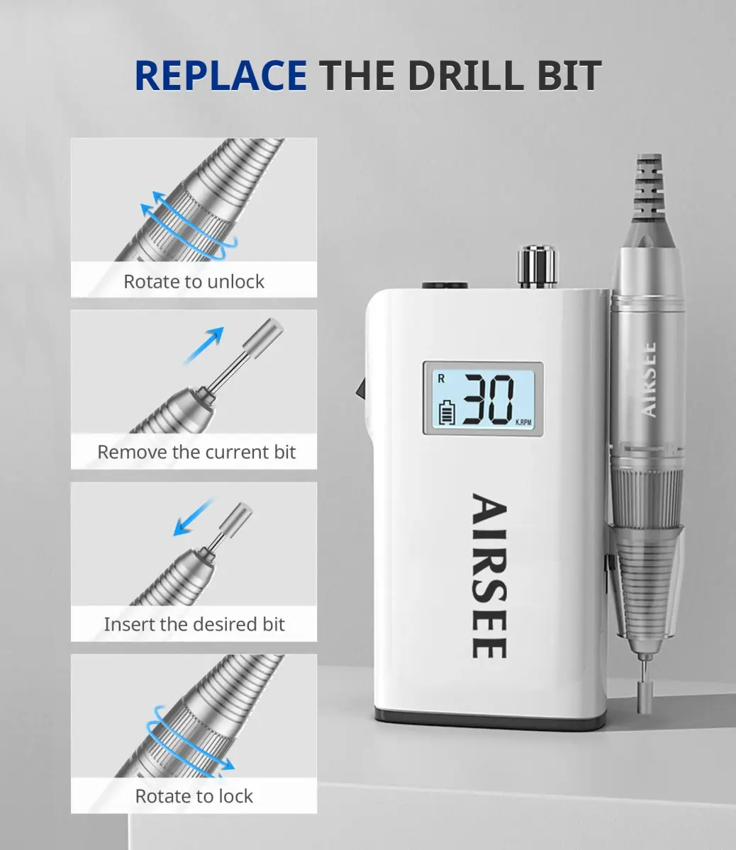AIRSEE Rechargeable 30000RPM Electric Nail Drill, E8 White | Professional Salon & Home Use - view 6
