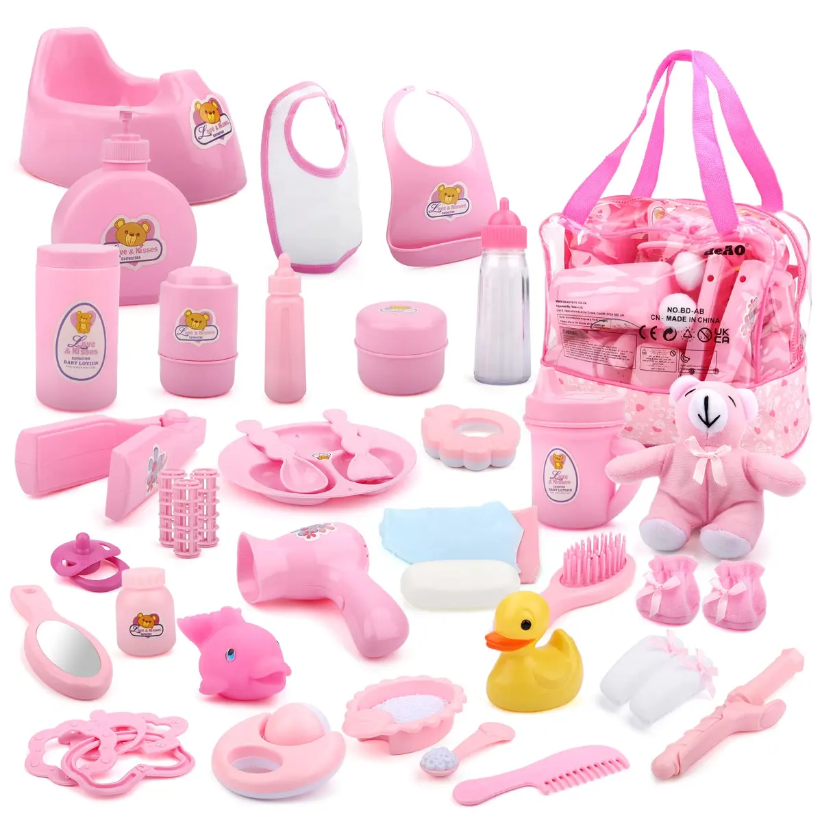 deAO 40 Pcs Baby Doll Accessories with Storage Bag | Feeding & Caring Playset for Kids 3+ - main product image