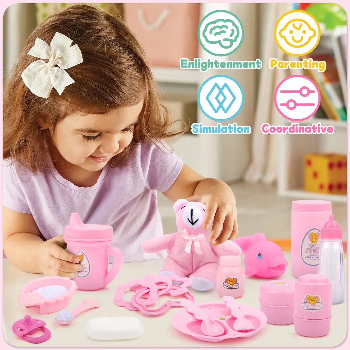 deAO 40 Pcs Baby Doll Accessories with Storage Bag | Feeding & Caring Playset for Kids 3+ - view 2