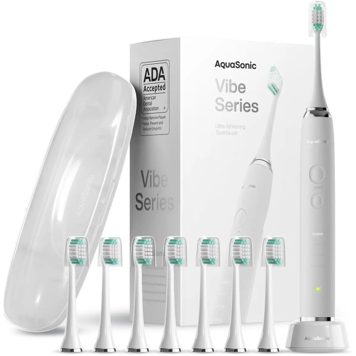 Aquasonic Vibe Series Ultra-Whitening Electric Toothbrush with 8 Brush Heads & Travel Case | ADA Accepted, 40,000 VPM, Wireless Charging - main product image