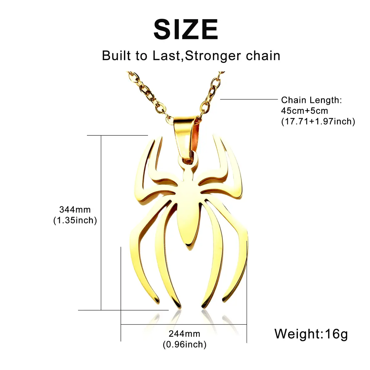 RZCXBS Spider Pendant Necklace for Men and Women Stainless Steel Gold 45 cm (17.71 inches) | Unisex Cool Design - view 5