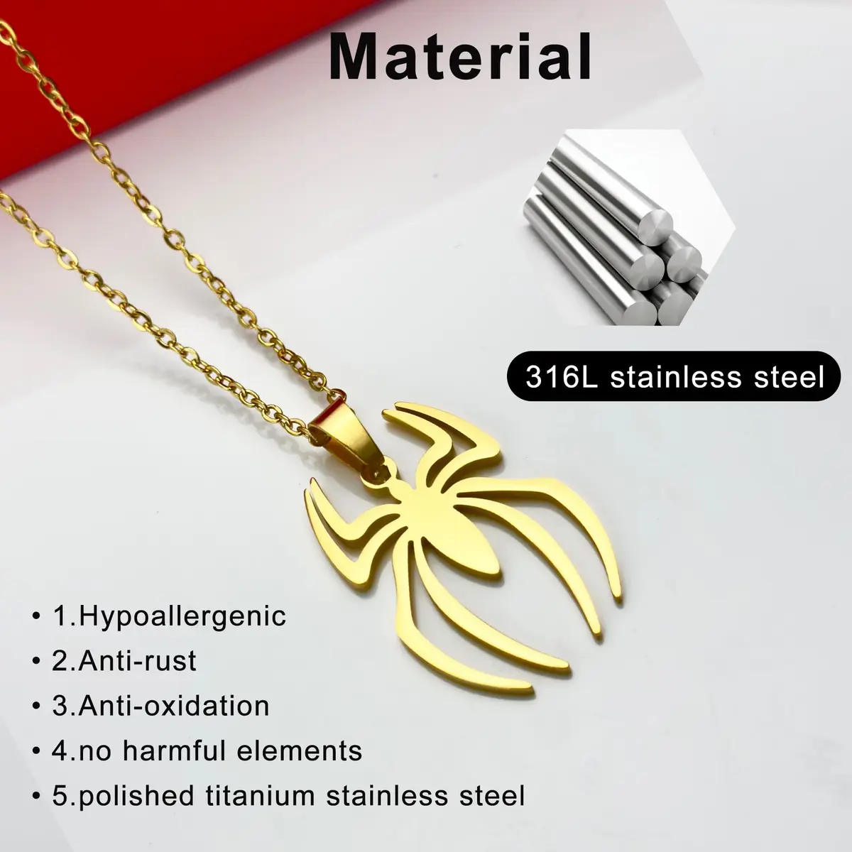 RZCXBS Spider Pendant Necklace for Men and Women Stainless Steel Gold 45 cm (17.71 inches) | Unisex Cool Design - view 6