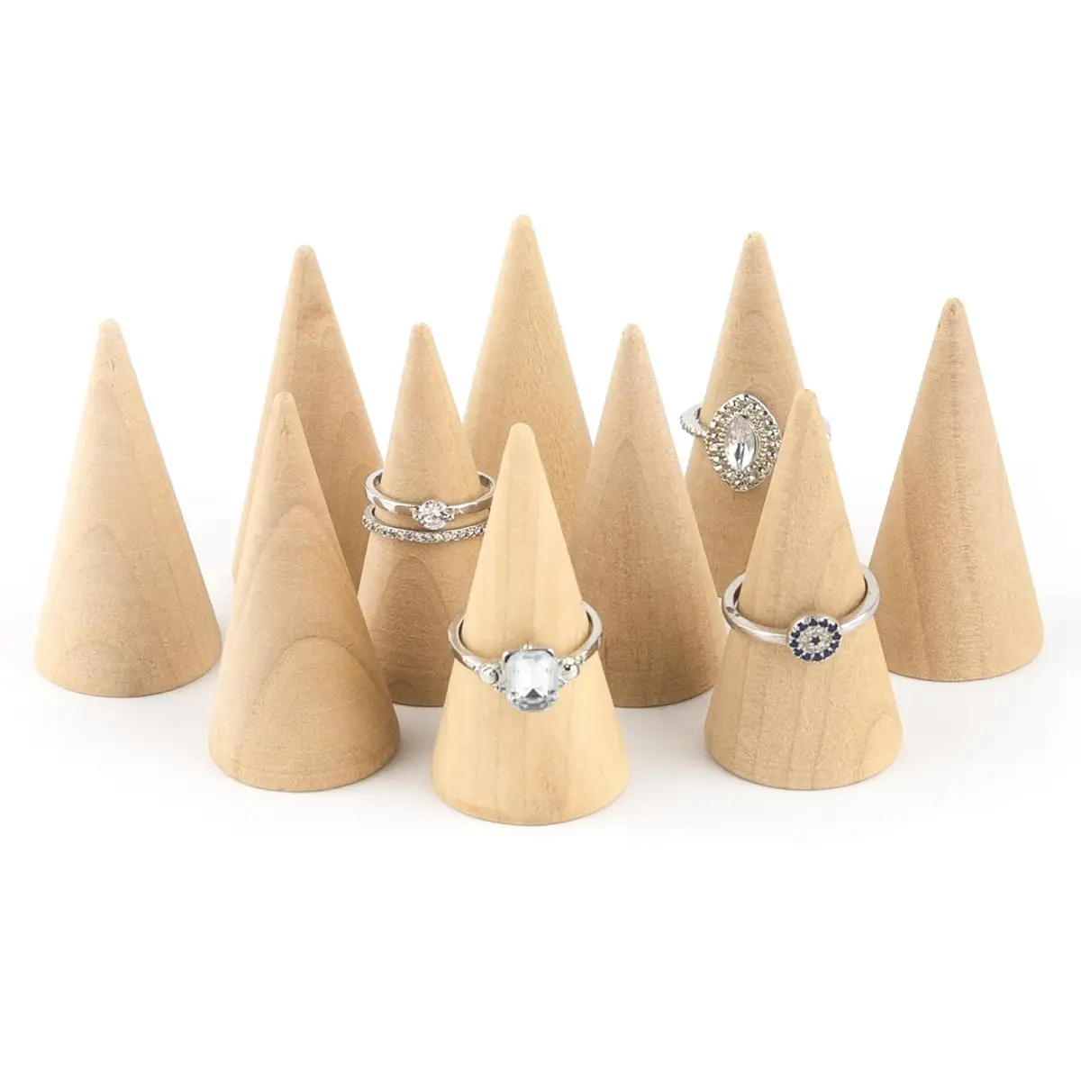 AUEAR 10 Pack Wood Cone Ring Holder 2.5cm (0.98in) Base Diameter x 5cm (1.97in) Height | Simple Natural Wood Display Stands for Rings - main product image