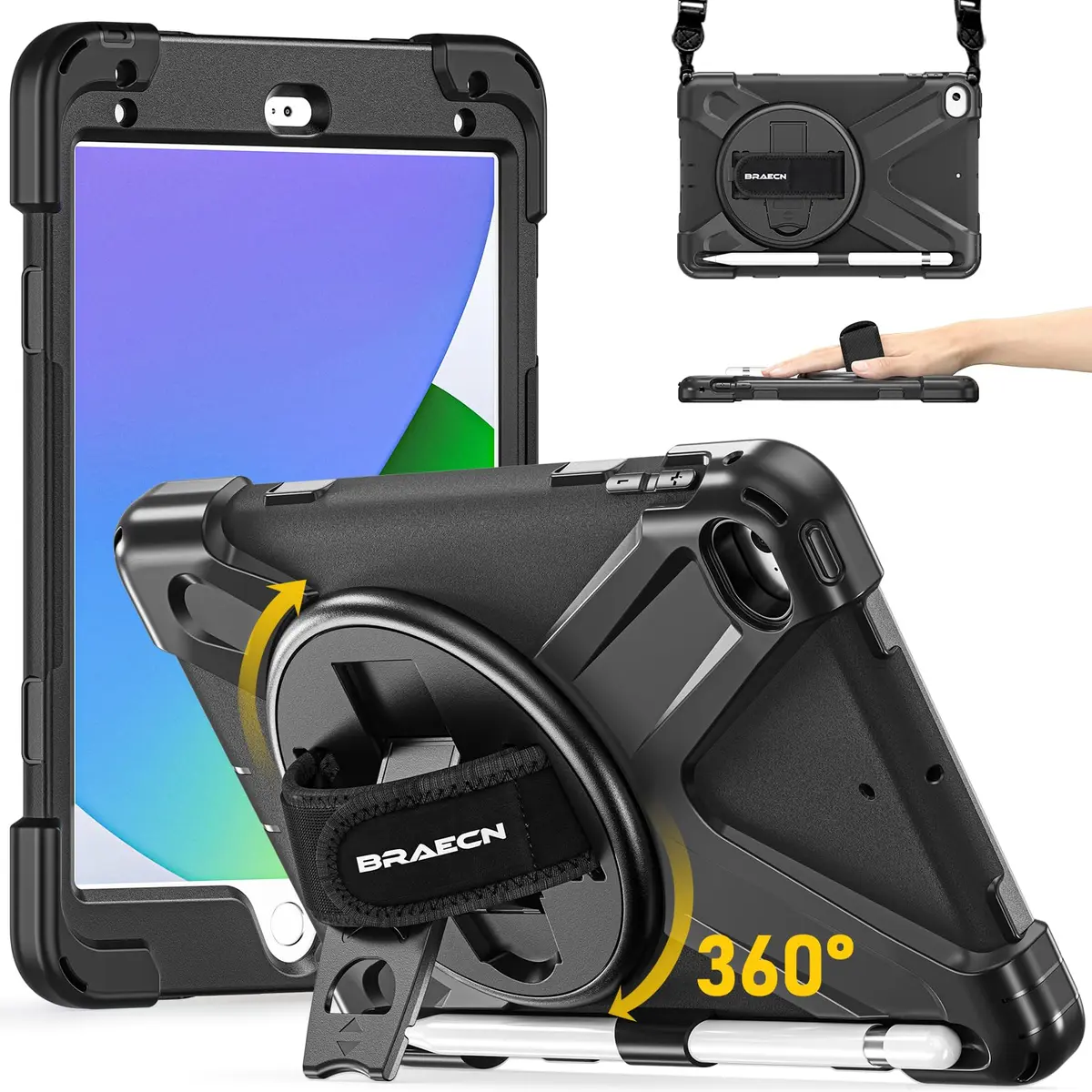 BRAECN iPad mini 5 Case, iPad mini 4 Case - Black | Heavy Duty Drop-Proof with 360° Rotating Kickstand & Adjustable Shoulder Strap - main product image