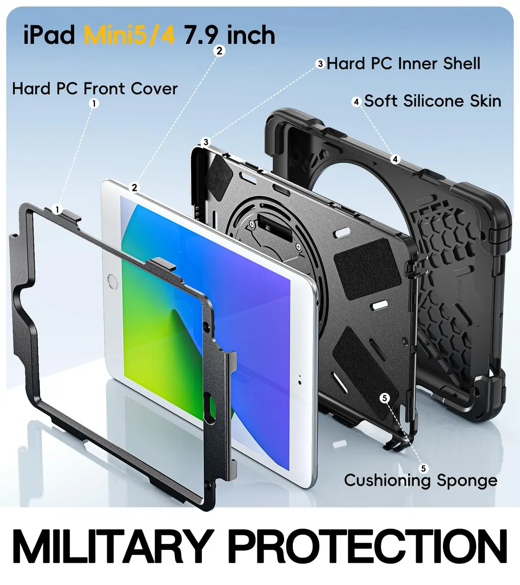 BRAECN iPad mini 5 Case, iPad mini 4 Case - Black | Heavy Duty Drop-Proof with 360° Rotating Kickstand & Adjustable Shoulder Strap - view 5