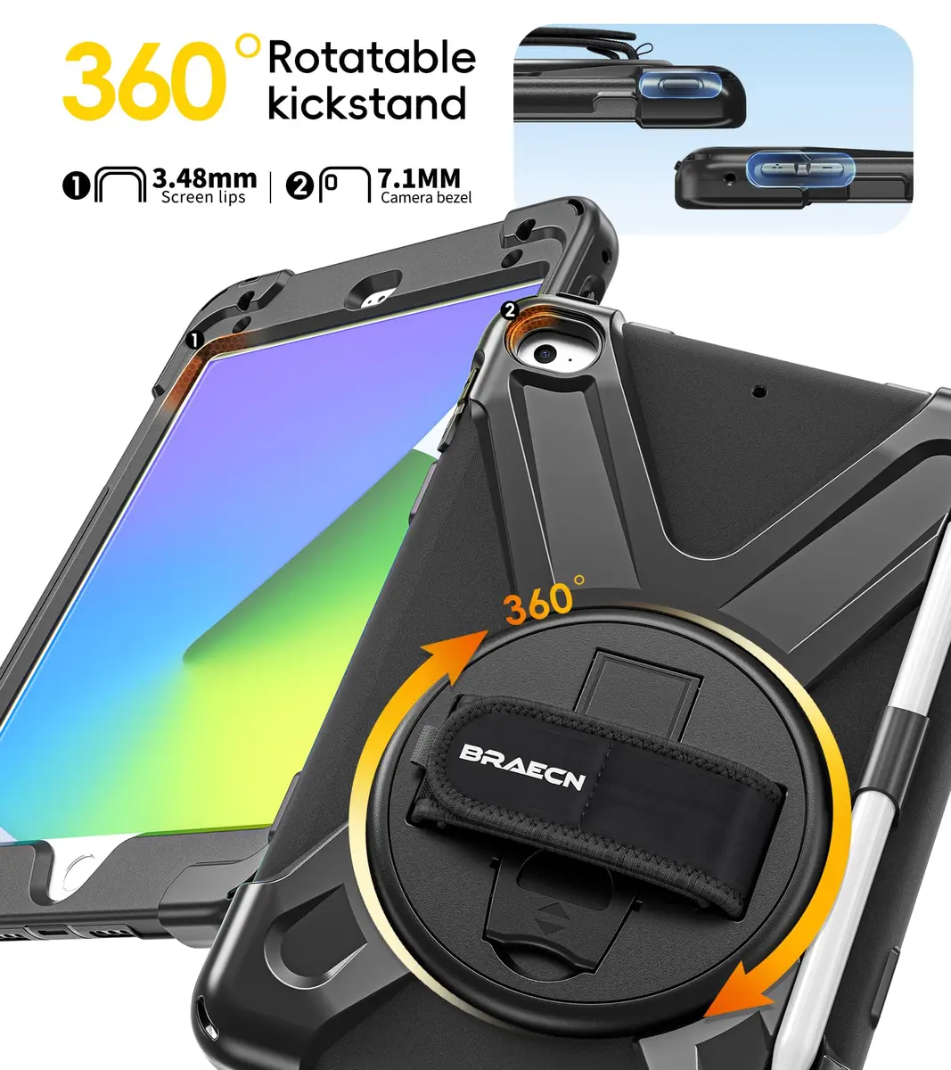 BRAECN iPad mini 5 Case, iPad mini 4 Case - Black | Heavy Duty Drop-Proof with 360° Rotating Kickstand & Adjustable Shoulder Strap - view 7