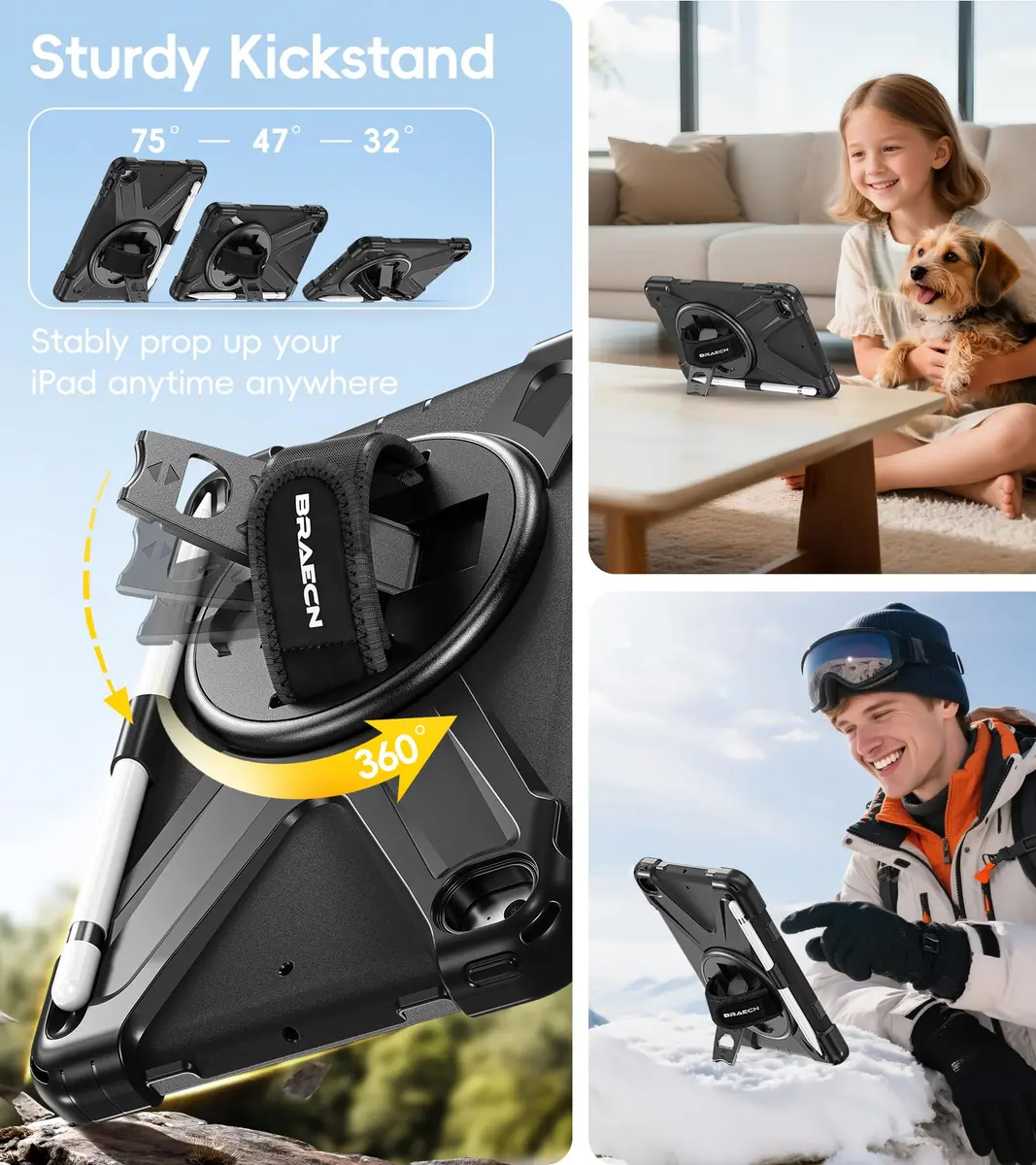 BRAECN iPad mini 5 Case, iPad mini 4 Case - Black | Heavy Duty Drop-Proof with 360° Rotating Kickstand & Adjustable Shoulder Strap - view 4