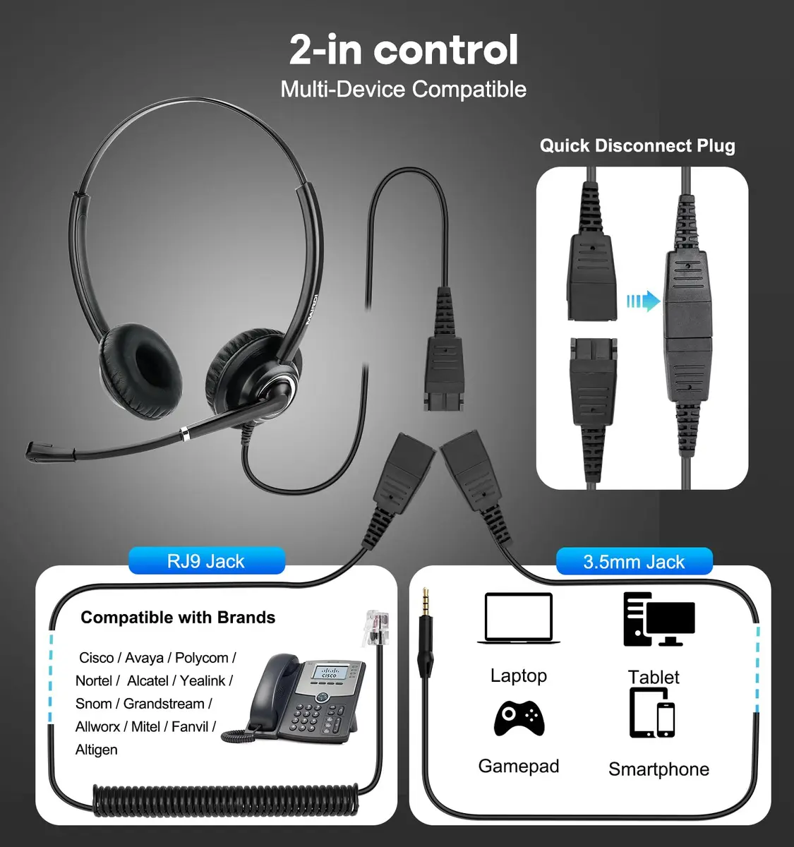 MAIRDI Telephone Headset with RJ9 & 3.5mm Jack | Noise Cancelling Mic for Cisco Phones & PCs - view 2