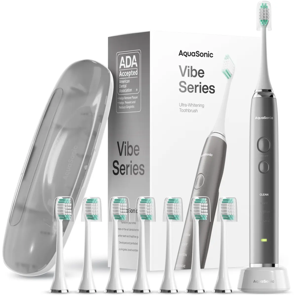Aquasonic Vibe Series Ultra-Whitening Toothbrush Charcoal Metallic | ADA Accepted Electric Toothbrush with 8 Brush Heads & Wireless Charging - main product image