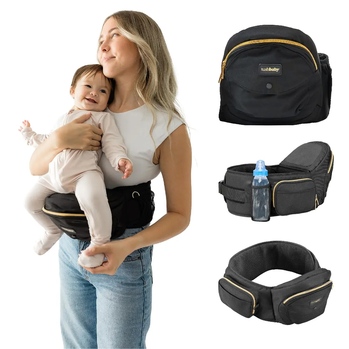TushBaby Original Hip Seat Baby Carrier for Babies & Toddlers up to 45 lbs | Supportive, No Foam, Lightweight, Storage, Black & Gold - main product image