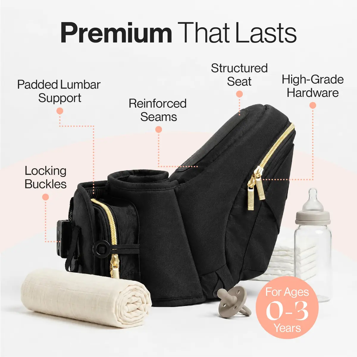 TushBaby Original Hip Seat Baby Carrier for Babies & Toddlers up to 45 lbs | Supportive, No Foam, Lightweight, Storage, Black & Gold - view 5