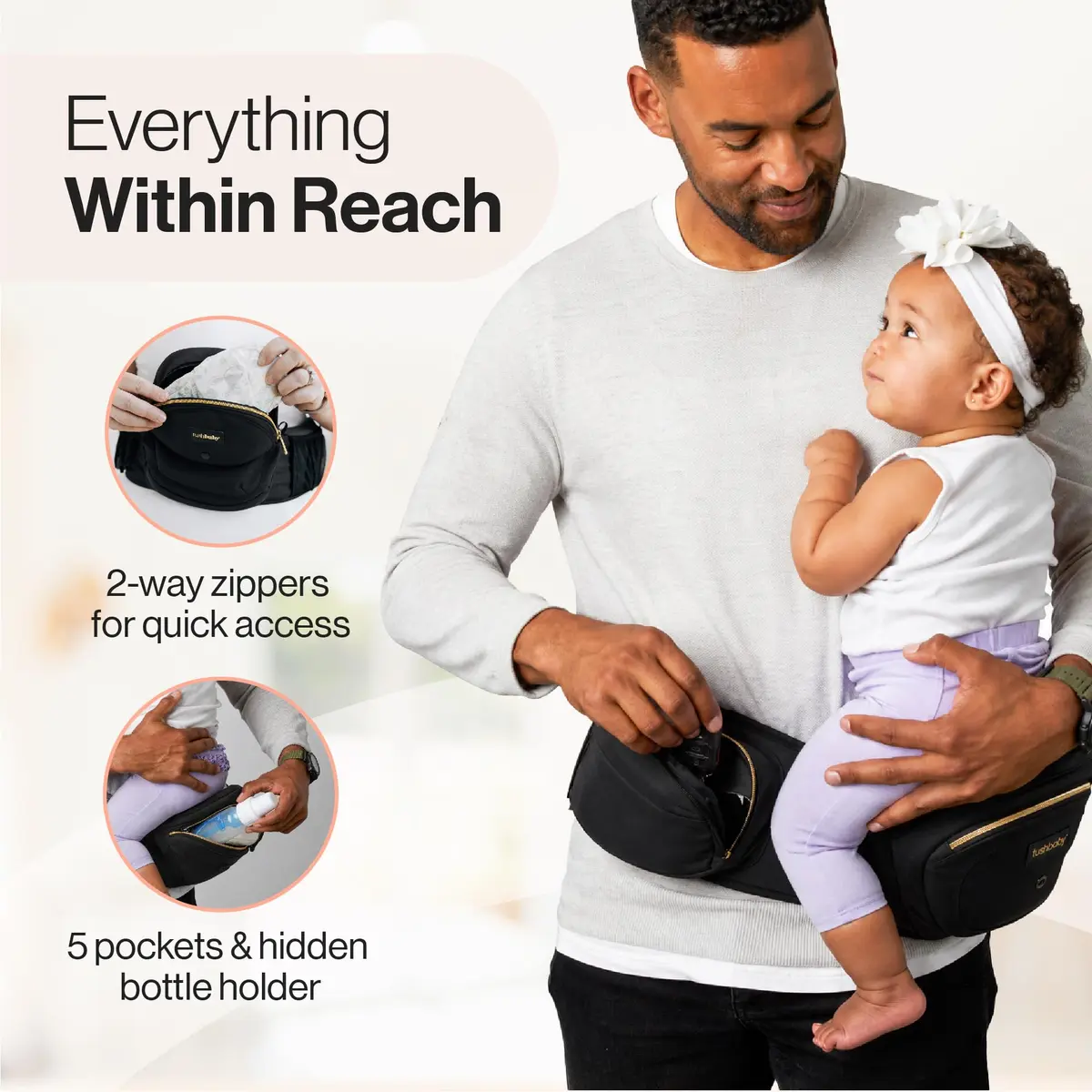 TushBaby Original Hip Seat Baby Carrier for Babies & Toddlers up to 45 lbs | Supportive, No Foam, Lightweight, Storage, Black & Gold - view 6