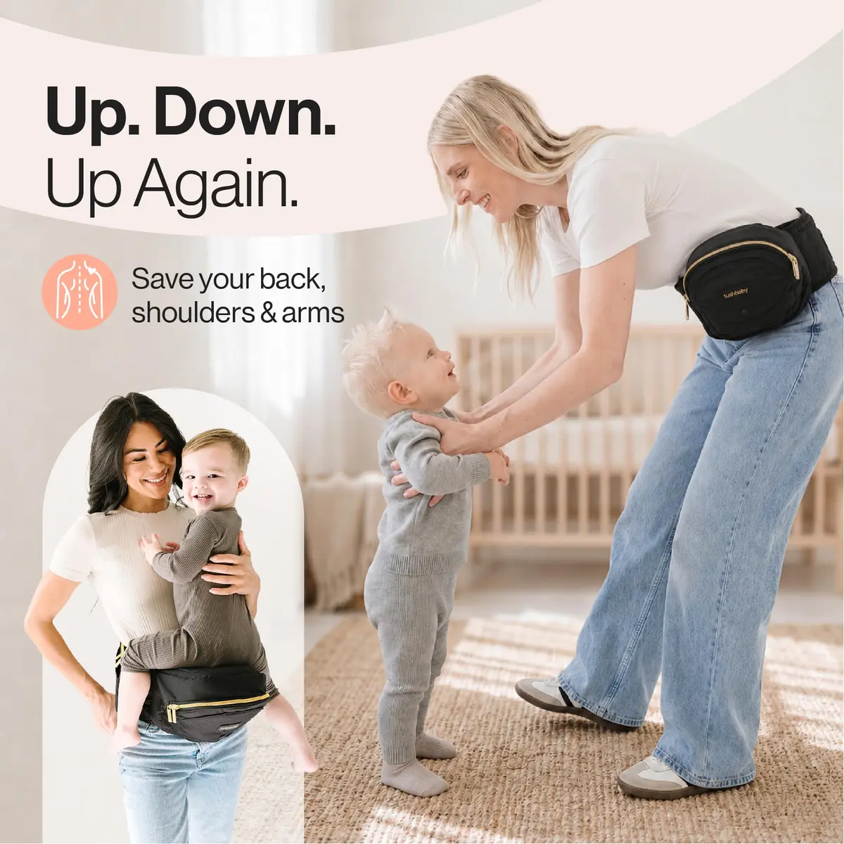 TushBaby Original Hip Seat Baby Carrier for Babies & Toddlers up to 45 lbs | Supportive, No Foam, Lightweight, Storage, Black & Gold - view 2