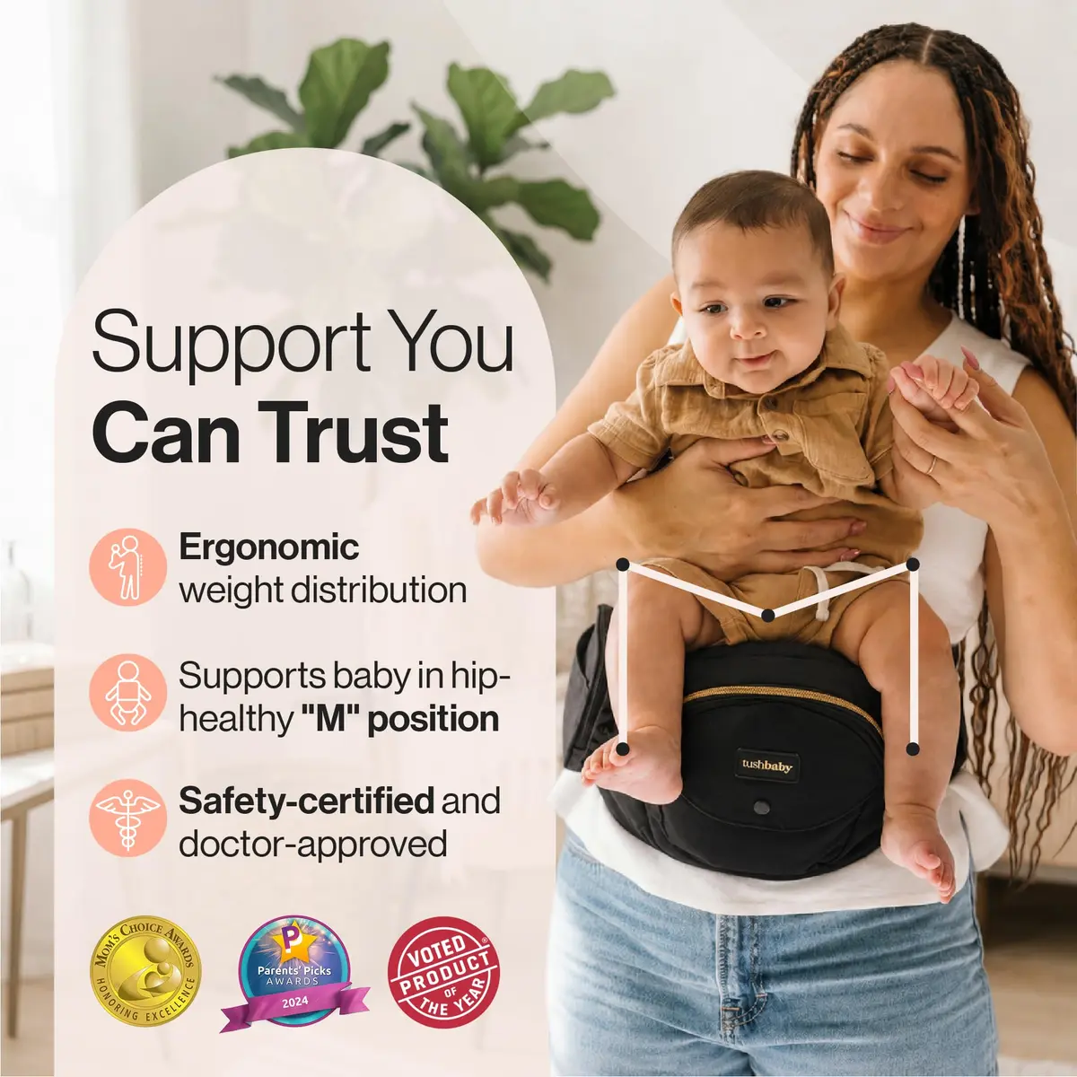TushBaby Original Hip Seat Baby Carrier for Babies & Toddlers up to 45 lbs | Supportive, No Foam, Lightweight, Storage, Black & Gold - view 3