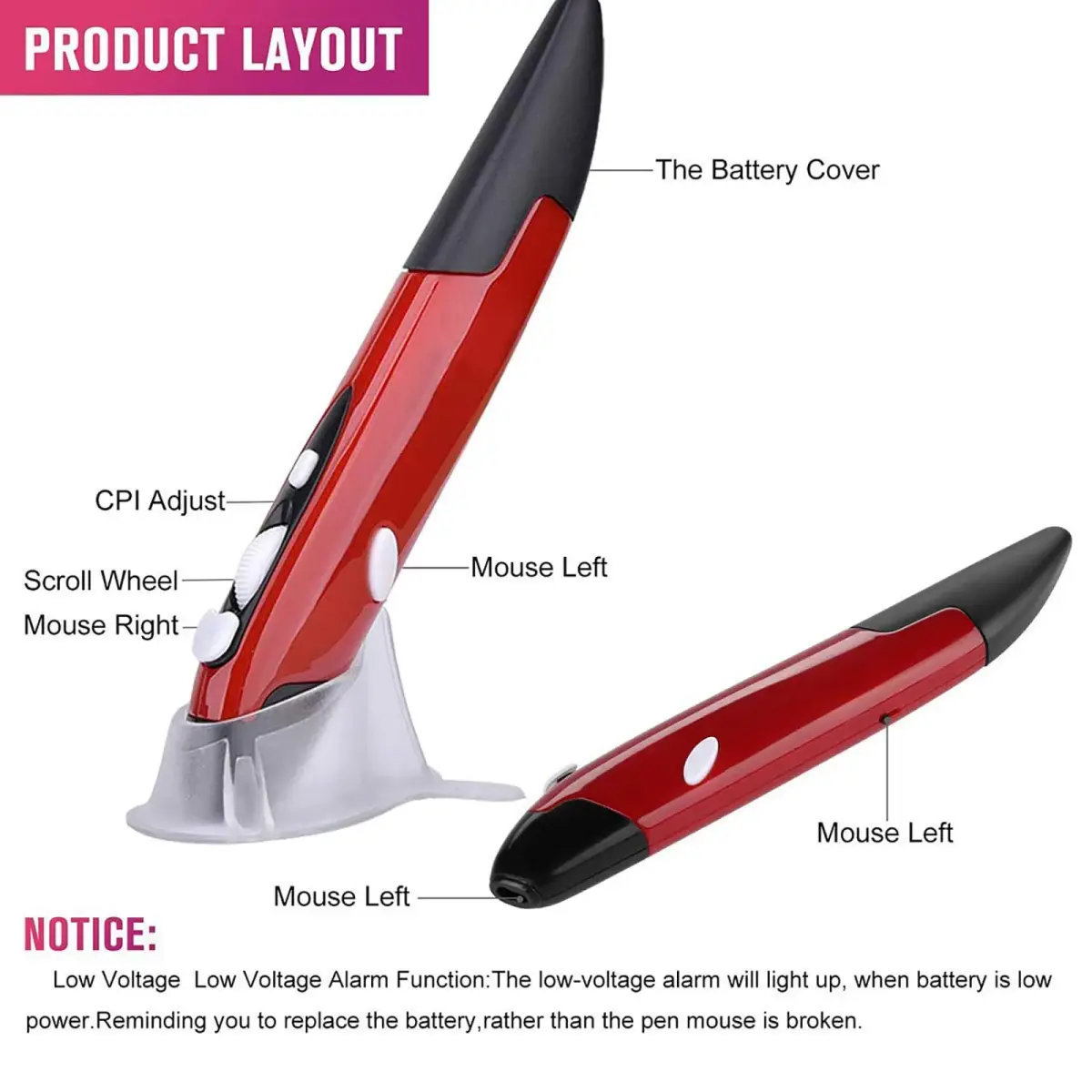 lychee Wireless Optical Pocket Pen Mouse Red | Ergonomic Design for Presentations & Travel - view 6
