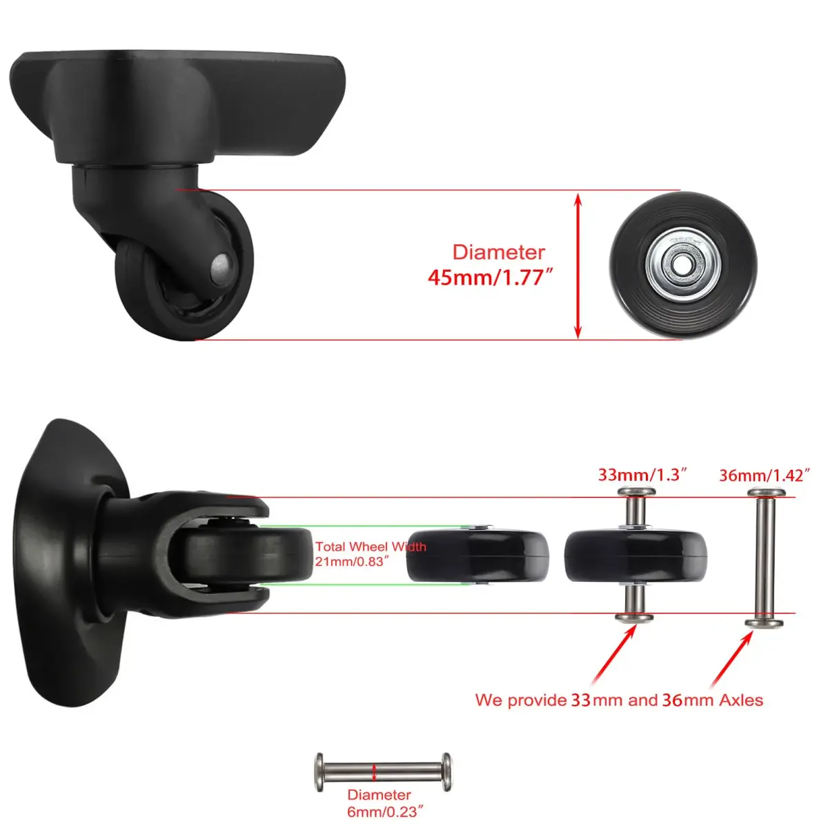 OwnMy Luggage Replacement Wheels 45mm x 18mm | 4-Pack with 33mm & 36mm Axles - view 3