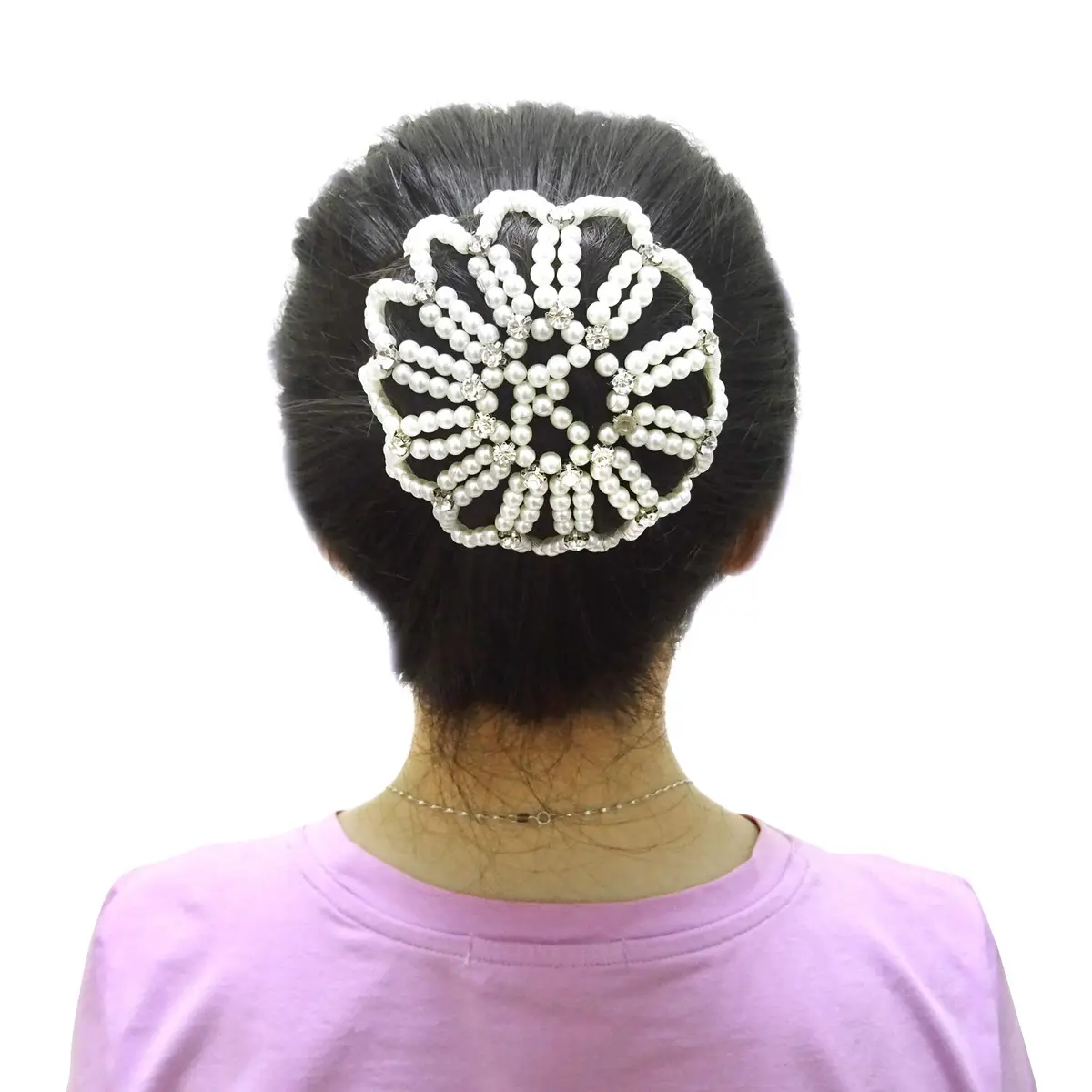 Honbay Hair Bun Cover Elastic Handmade Crochet Hair Net Snood with Pearls and Rhinestones for Ballet, Dance, Skating, etc (White) | Elegant Hair Bun Accessory - main product image