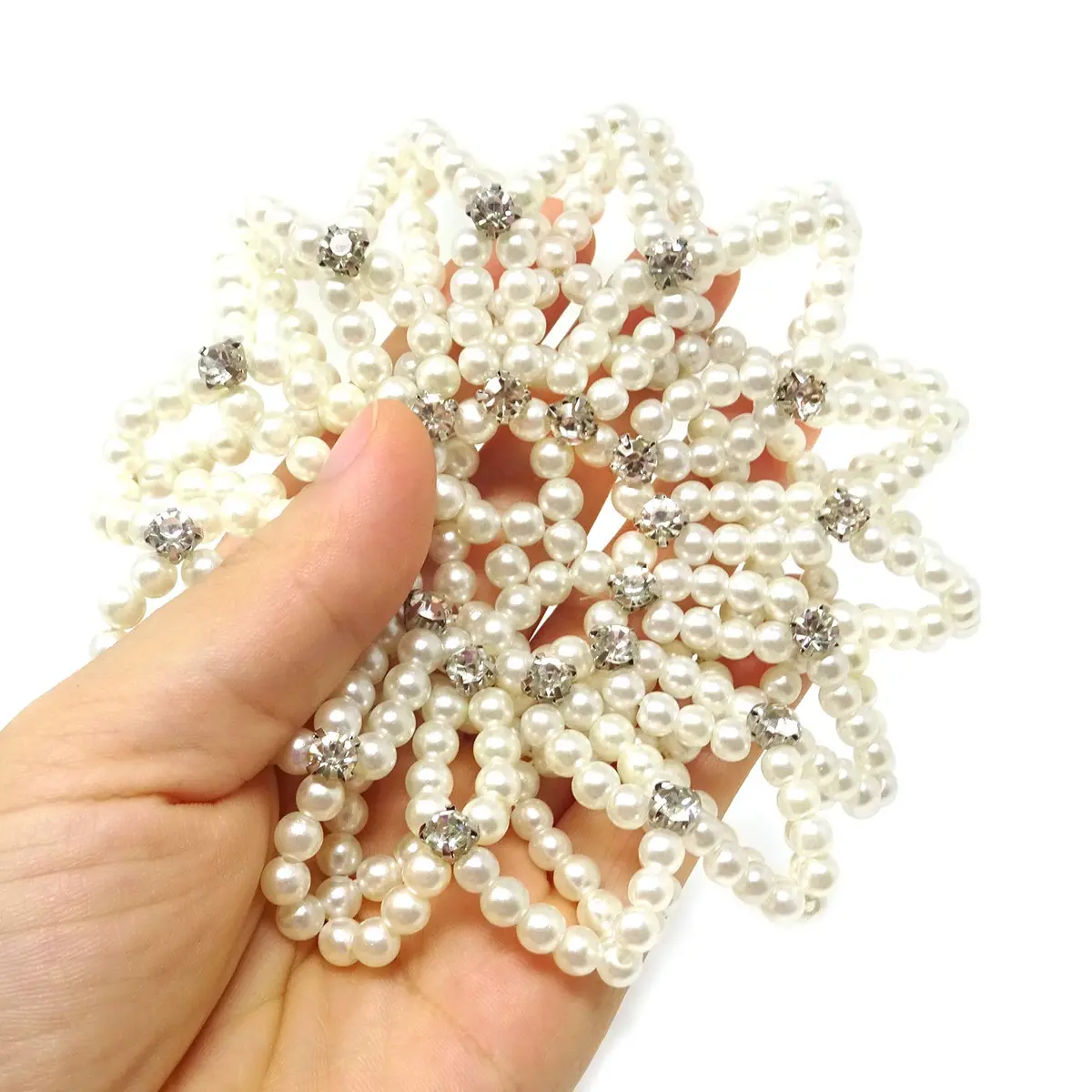 Honbay Hair Bun Cover Elastic Handmade Crochet Hair Net Snood with Pearls and Rhinestones for Ballet, Dance, Skating, etc (White) | Elegant Hair Bun Accessory - view 6