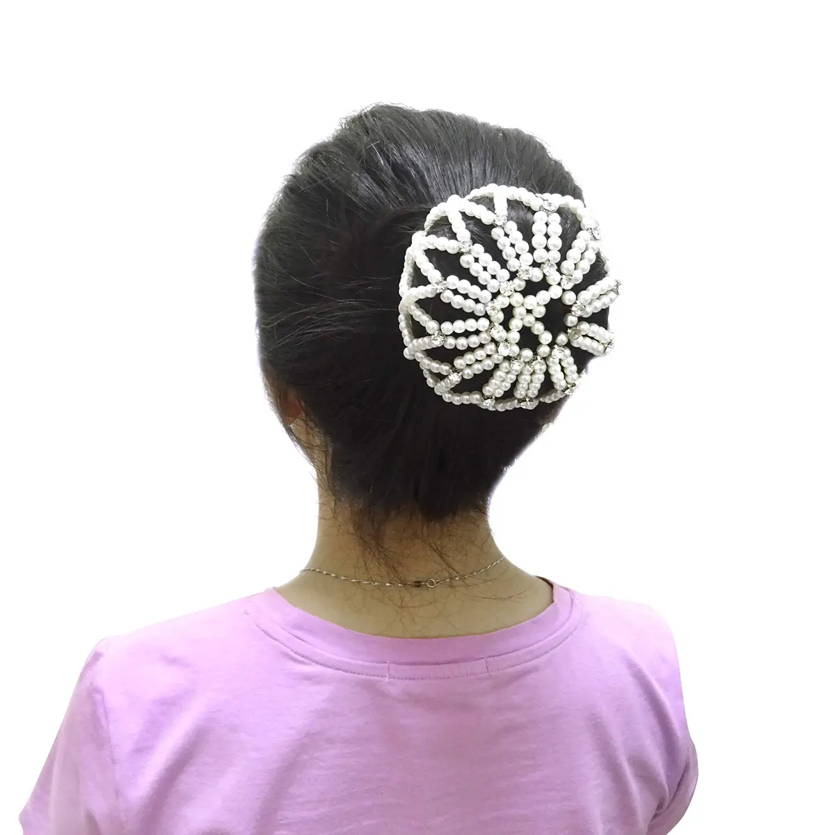 Honbay Hair Bun Cover Elastic Handmade Crochet Hair Net Snood with Pearls and Rhinestones for Ballet, Dance, Skating, etc (White) | Elegant Hair Bun Accessory - view 2
