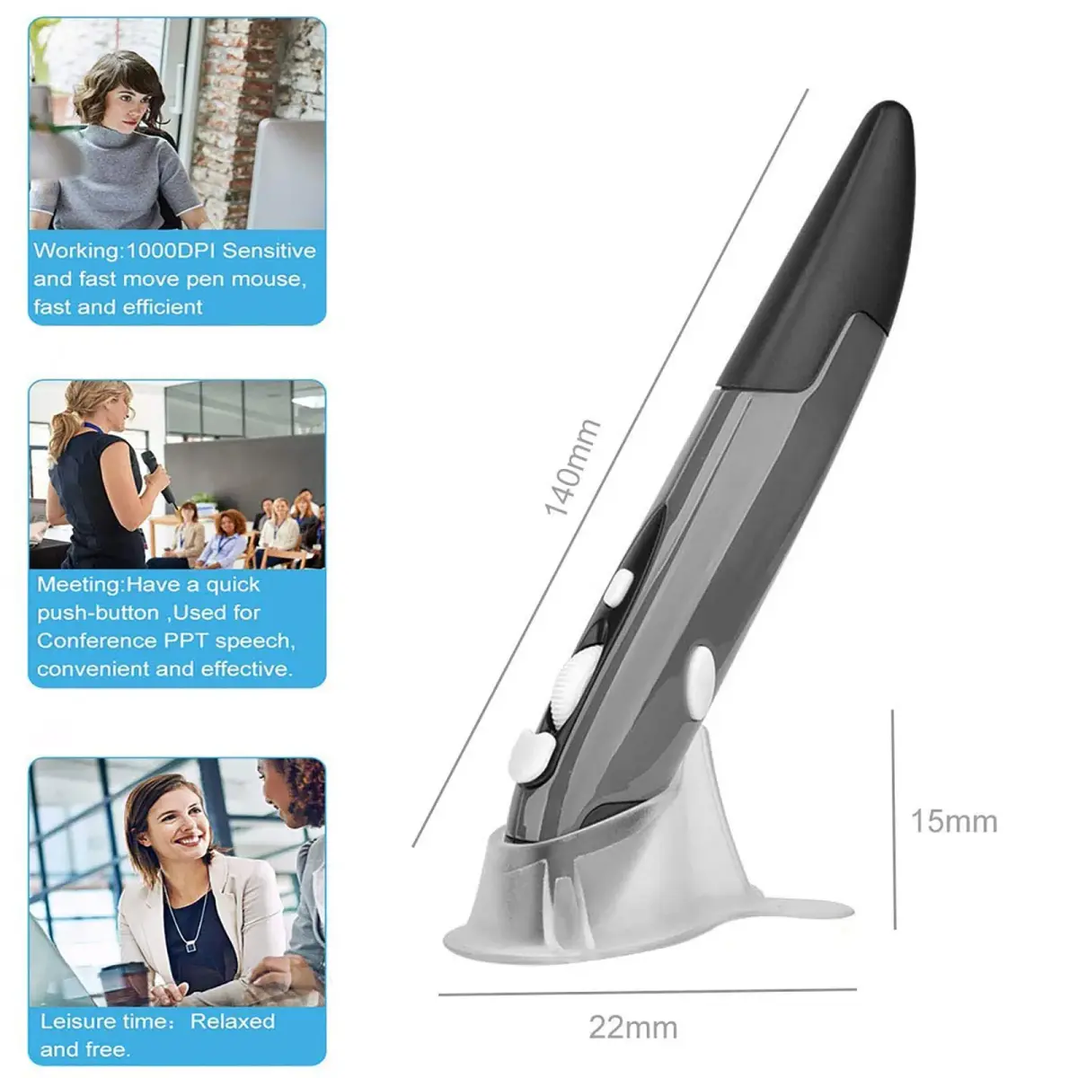 lychee Wireless Optical Pocket Pen Mouse Grey | 1600 DPI Adjustable for PC Laptop Notebook Computer Mac - view 6