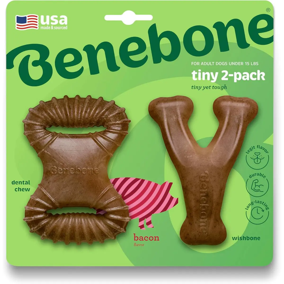 Benebone Tiny 2-Pack Dog Chew Toys, Real Bacon Flavor | Durable Nylon for Small Dogs - main product image